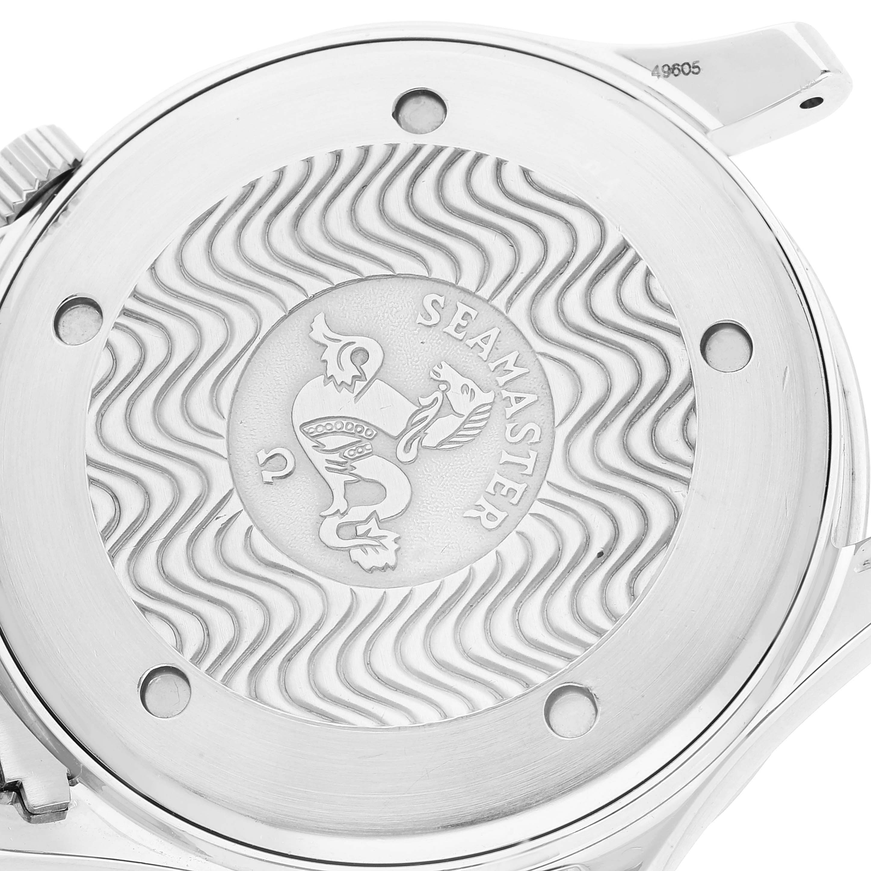 The image shows the back case of an Omega Seamaster 2531.80.00 Men's Stainless Steel Blue Dial 2531.80.00 Men's Stainless Steel Blue Dial watch, highlighting the engraved logo and wave pattern.