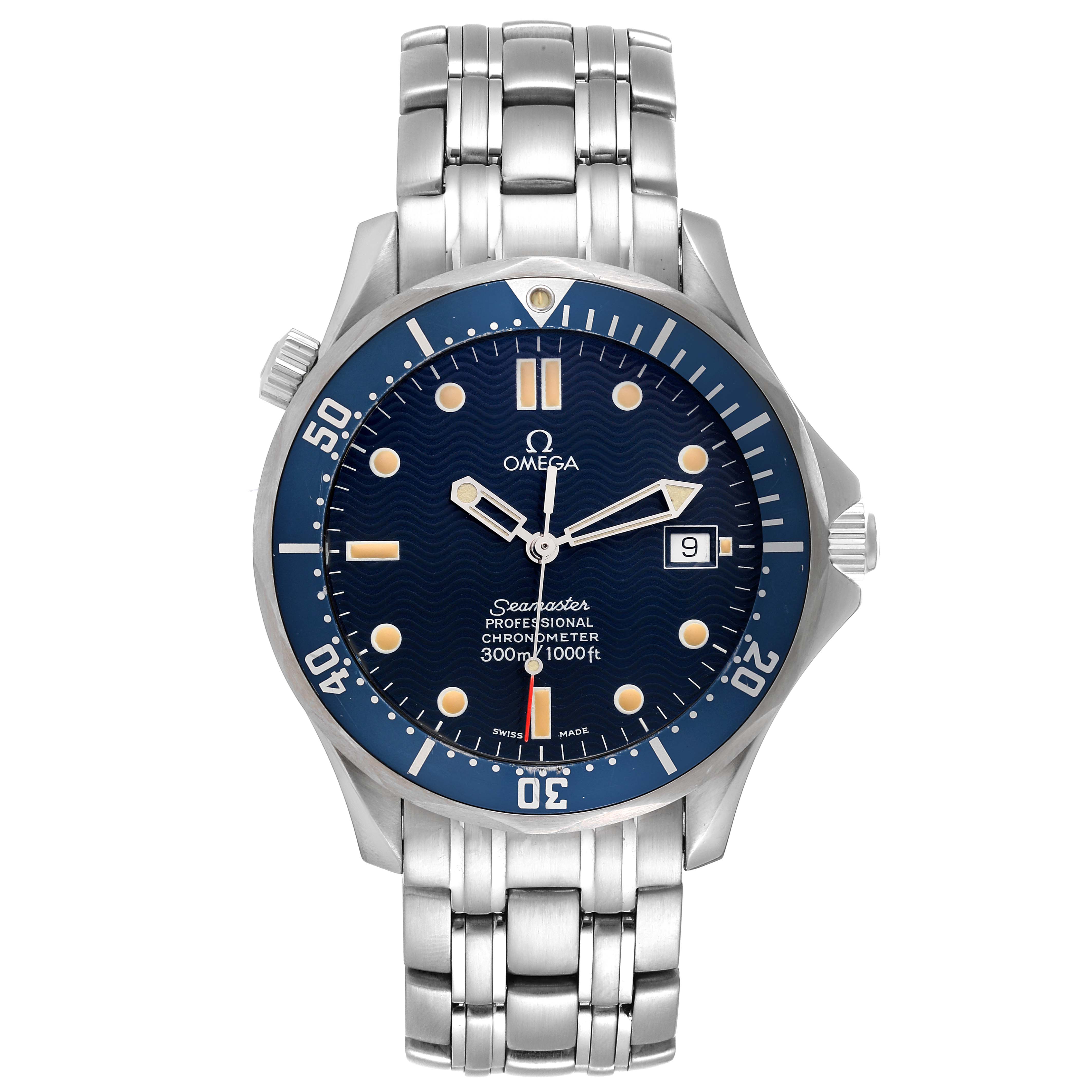 The image shows a front view of the Omega Seamaster 2531.80.00 Men's Stainless Steel Blue Dial 2531.80.00 Men's Stainless Steel Blue Dial watch featuring its face, bezel, crown, and stainless steel bracelet.