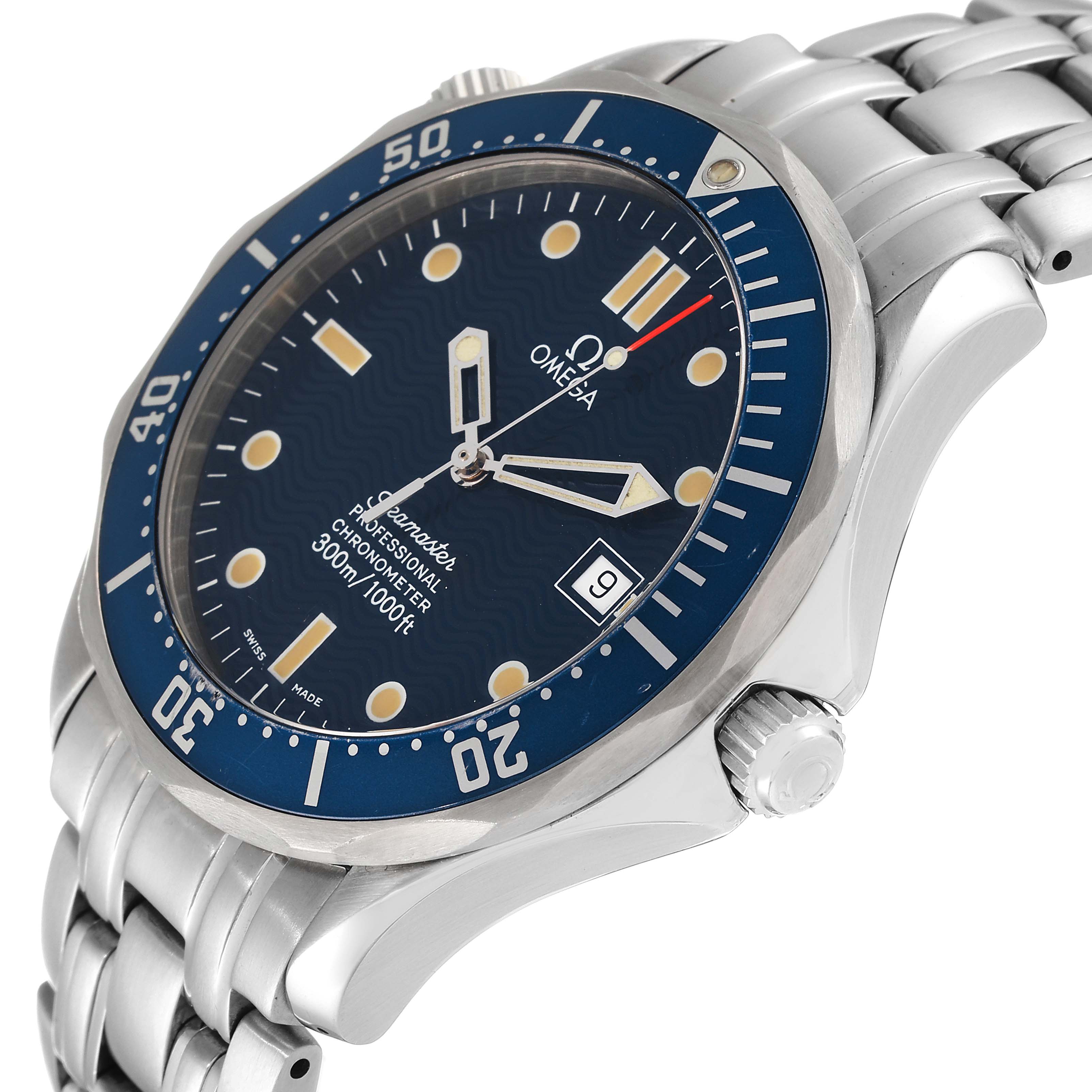 The image shows an angled view of the Omega Seamaster 2531.80.00 Men's Stainless Steel Blue Dial 2531.80.00 Men's Stainless Steel Blue Dial watch, showcasing its face, bezel, crown, and metal bracelet.