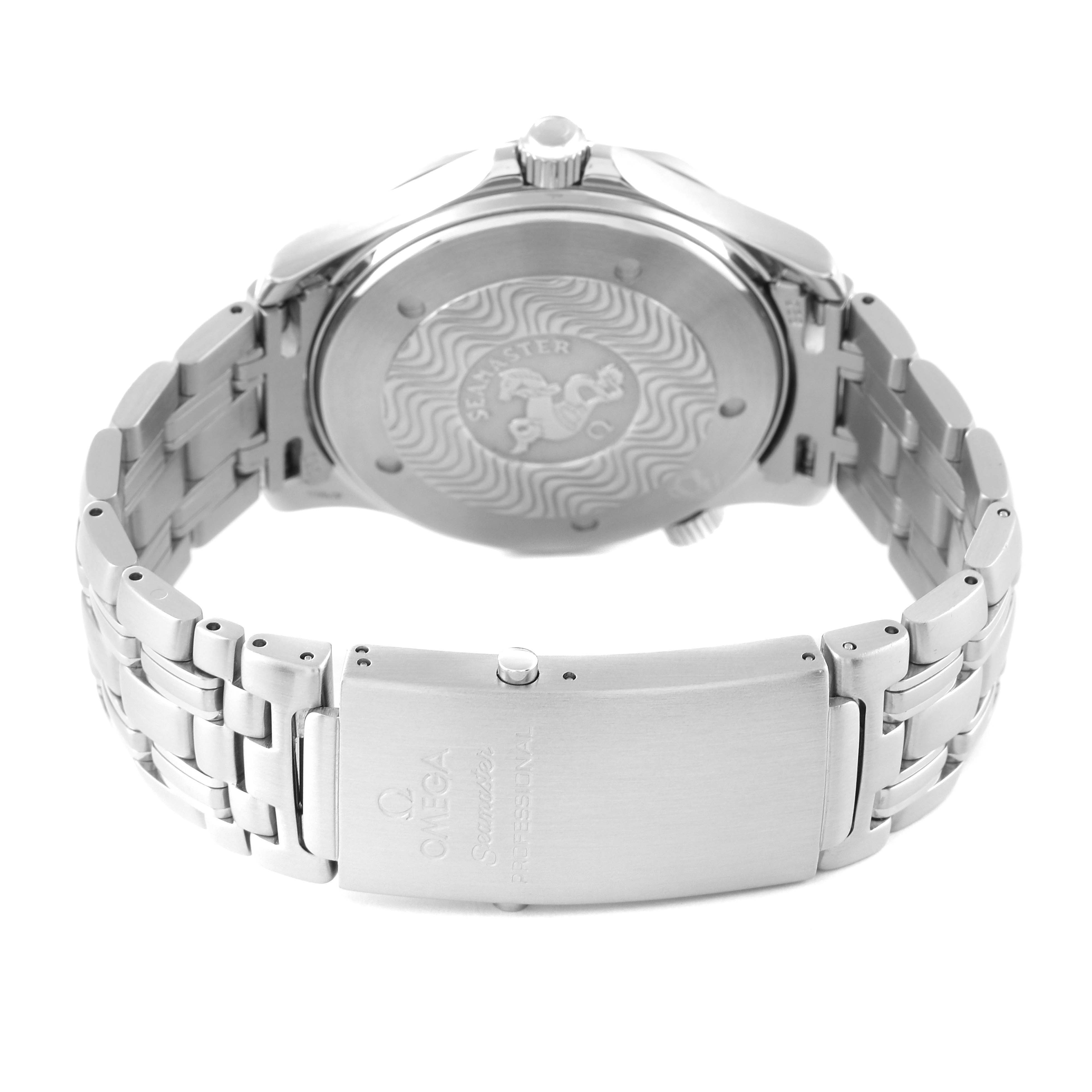 The Omega Seamaster 2531.80.00 Men's Stainless Steel Blue Dial 2531.80.00 Men's Stainless Steel Blue Dial watch is shown from the back, displaying the case back and the metal bracelet.