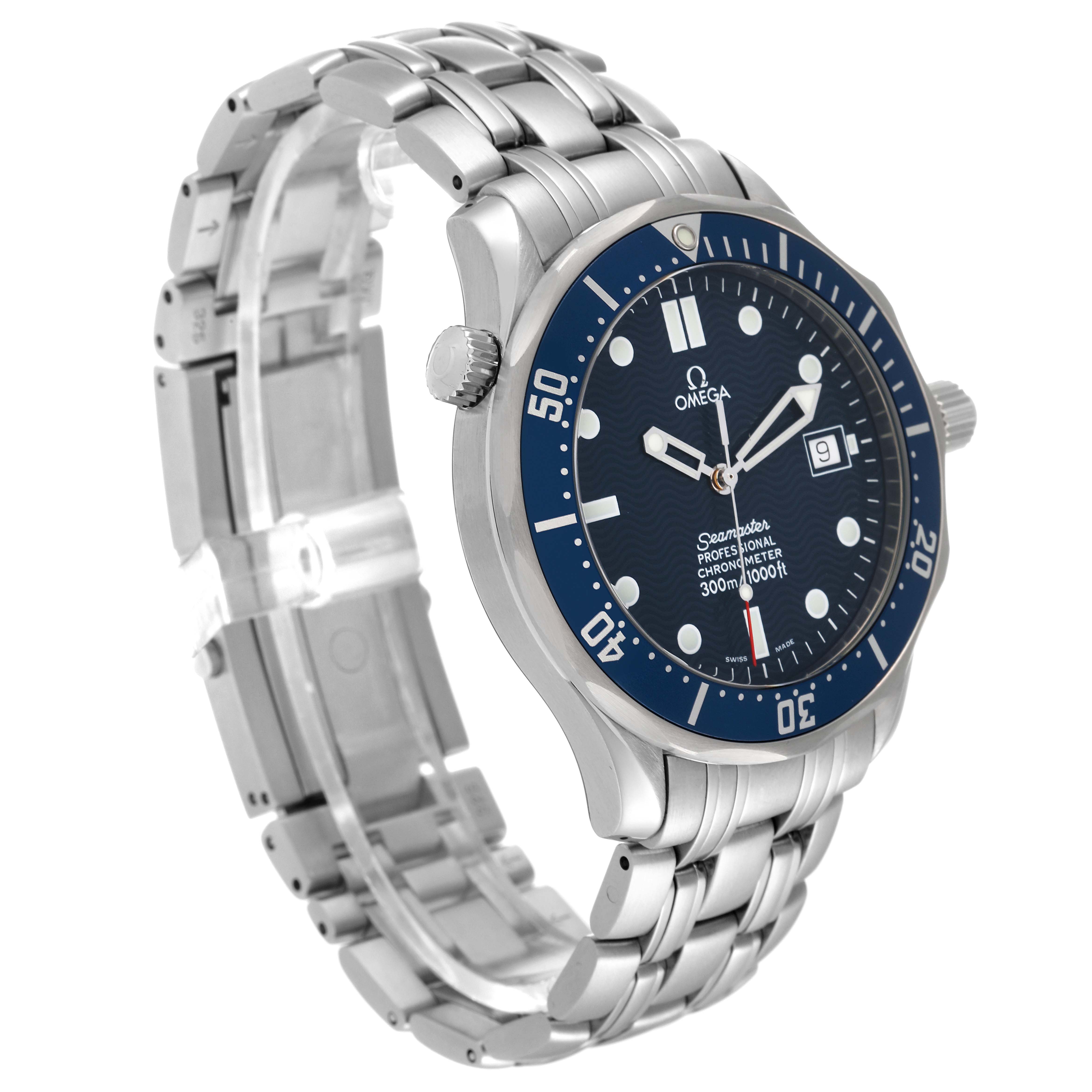 The Omega Seamaster 2531.80.00 Men's Stainless Steel Blue Dial 2531.80.00 Men's Stainless Steel Blue Dial watch is shown at a three-quarter angle, highlighting its dial, bezel, crown, and metallic bracelet.