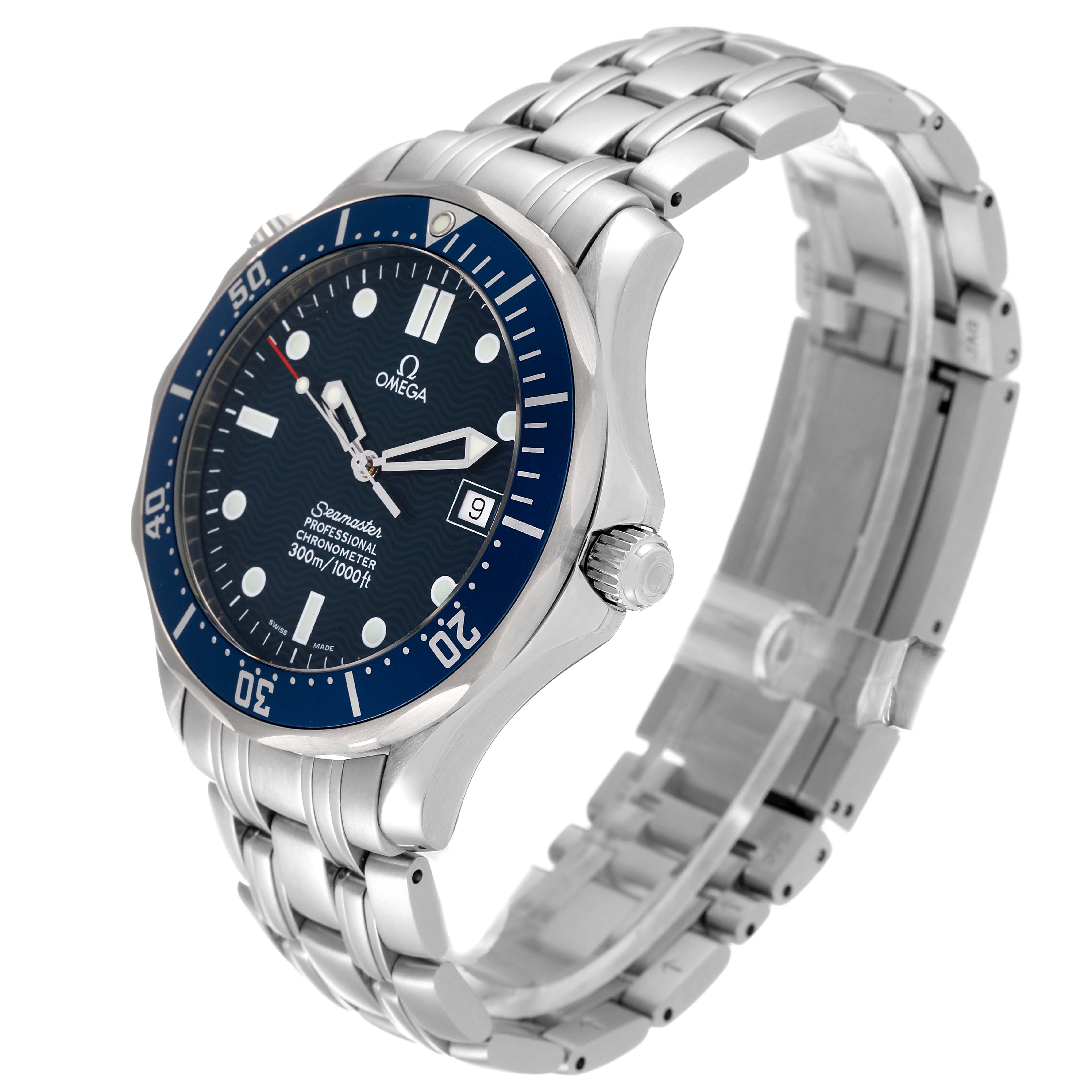 The Omega Seamaster 2531.80.00 Men's Stainless Steel Blue Dial 2531.80.00 Men's Stainless Steel Blue Dial watch is shown at a 3/4 angle, displaying its face, bezel, crown, and metal bracelet.