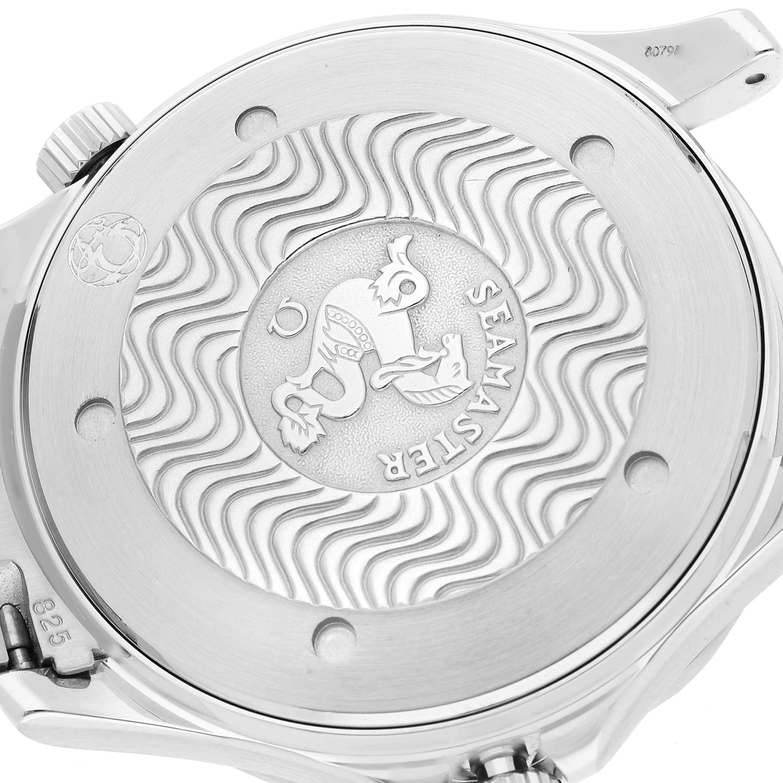 The image shows the case back of an Omega Seamaster 2531.80.00 Men's Stainless Steel Blue Dial 2531.80.00 Men's Stainless Steel Blue Dial watch, featuring its engraved logo and wave pattern.