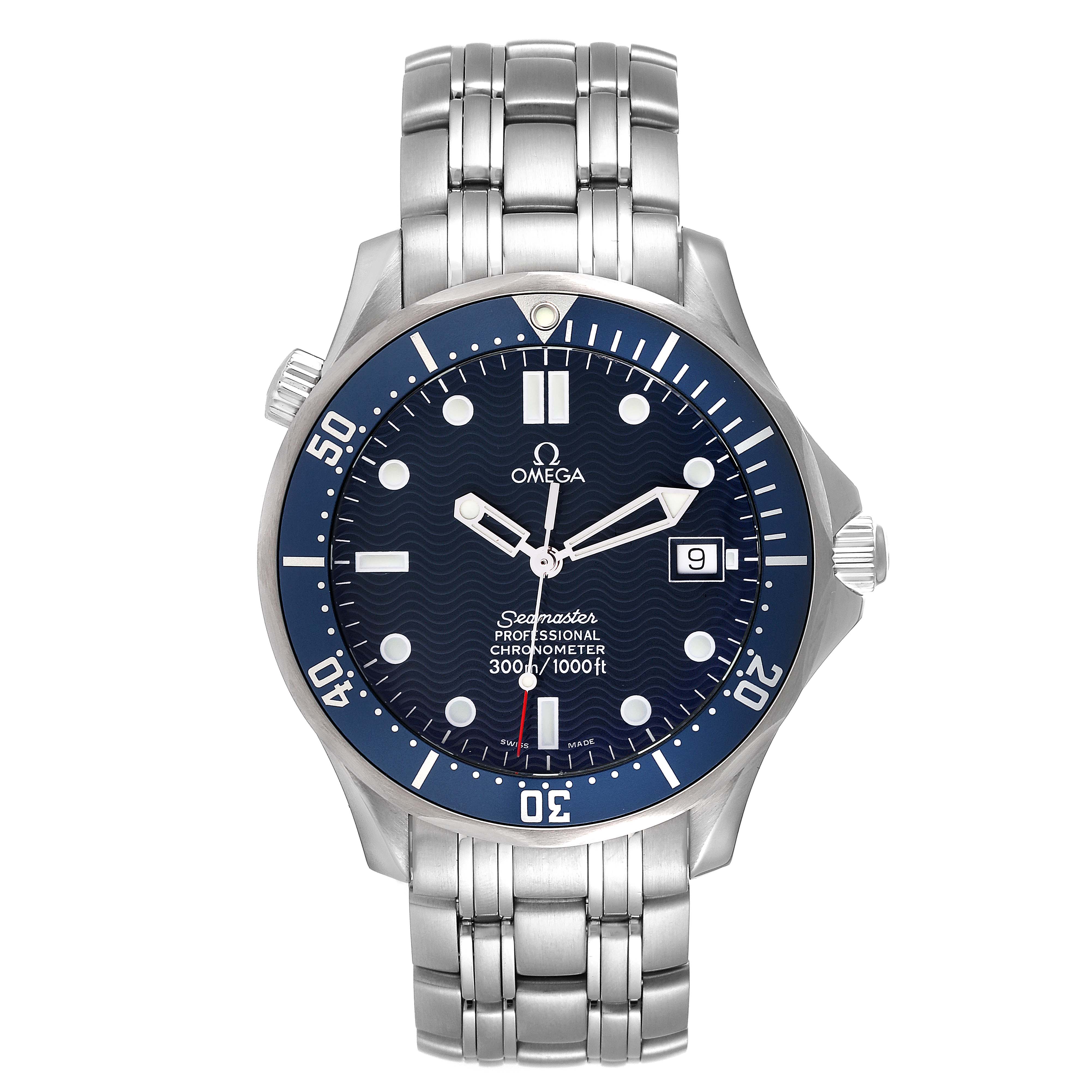The image shows the front view of an Omega Seamaster 2531.80.00 Men's Stainless Steel Blue Dial 2531.80.00 Men's Stainless Steel Blue Dial watch, displaying its dial, bezel, and bracelet.