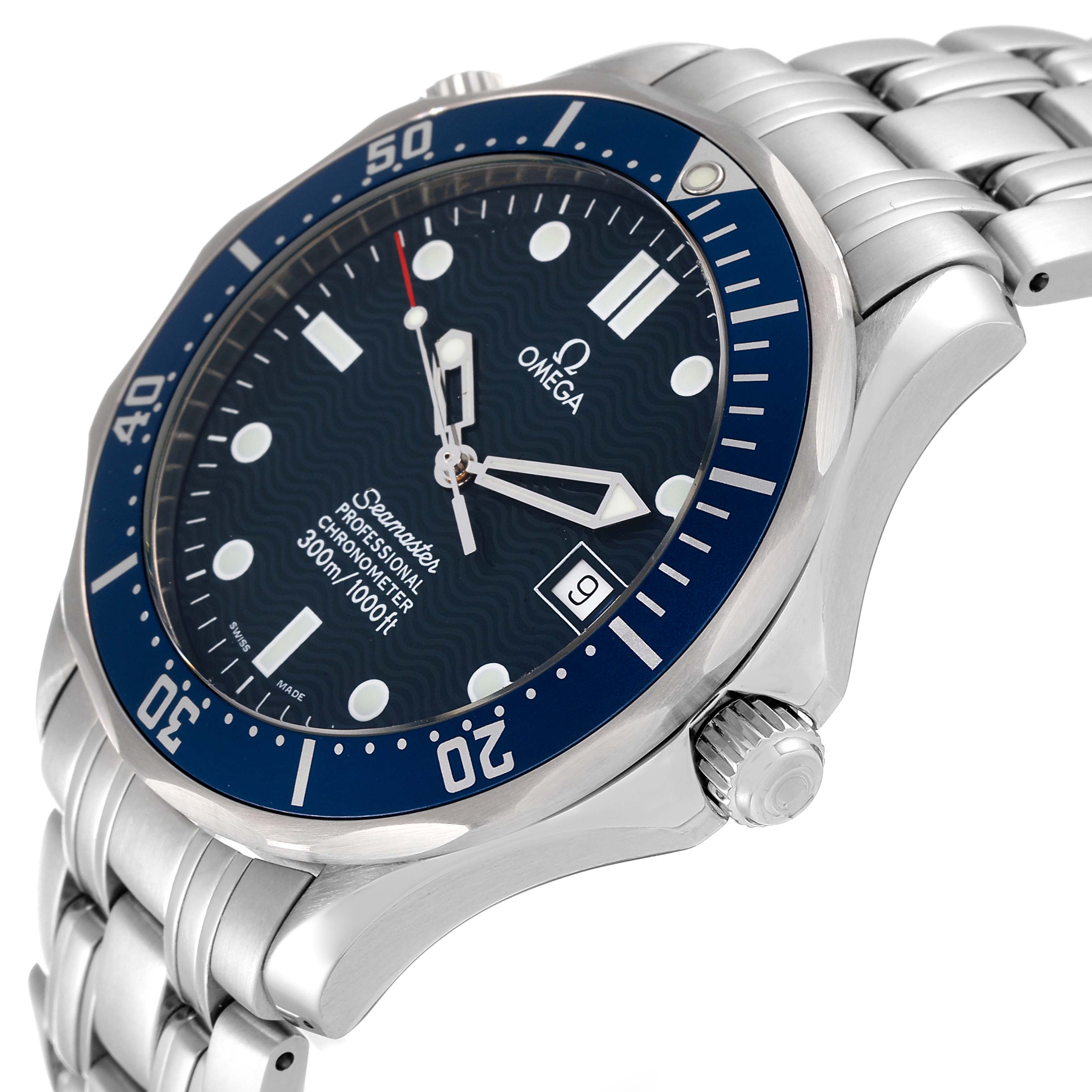 The Omega Seamaster 2531.80.00 Men's Stainless Steel Blue Dial 2531.80.00 Men's Stainless Steel Blue Dial watch is shown at an angle from the front-right, highlighting the face, bezel, crown, and bracelet.