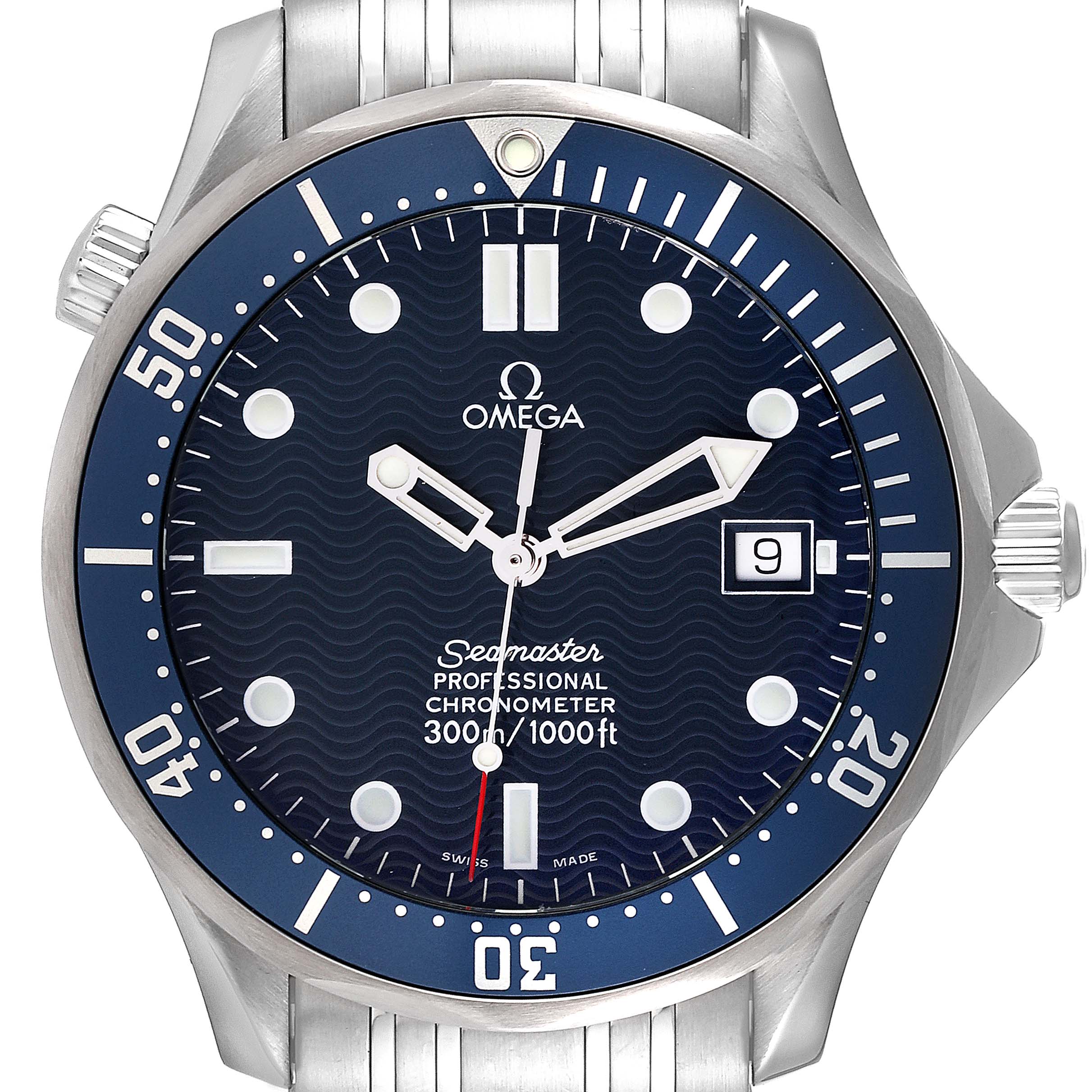 The image shows a front view of the Omega Seamaster 2531.80.00 Men's Stainless Steel Blue Dial 2531.80.00 Men's Stainless Steel Blue Dial watch, highlighting its dial, bezel, hands, and bracelet.
