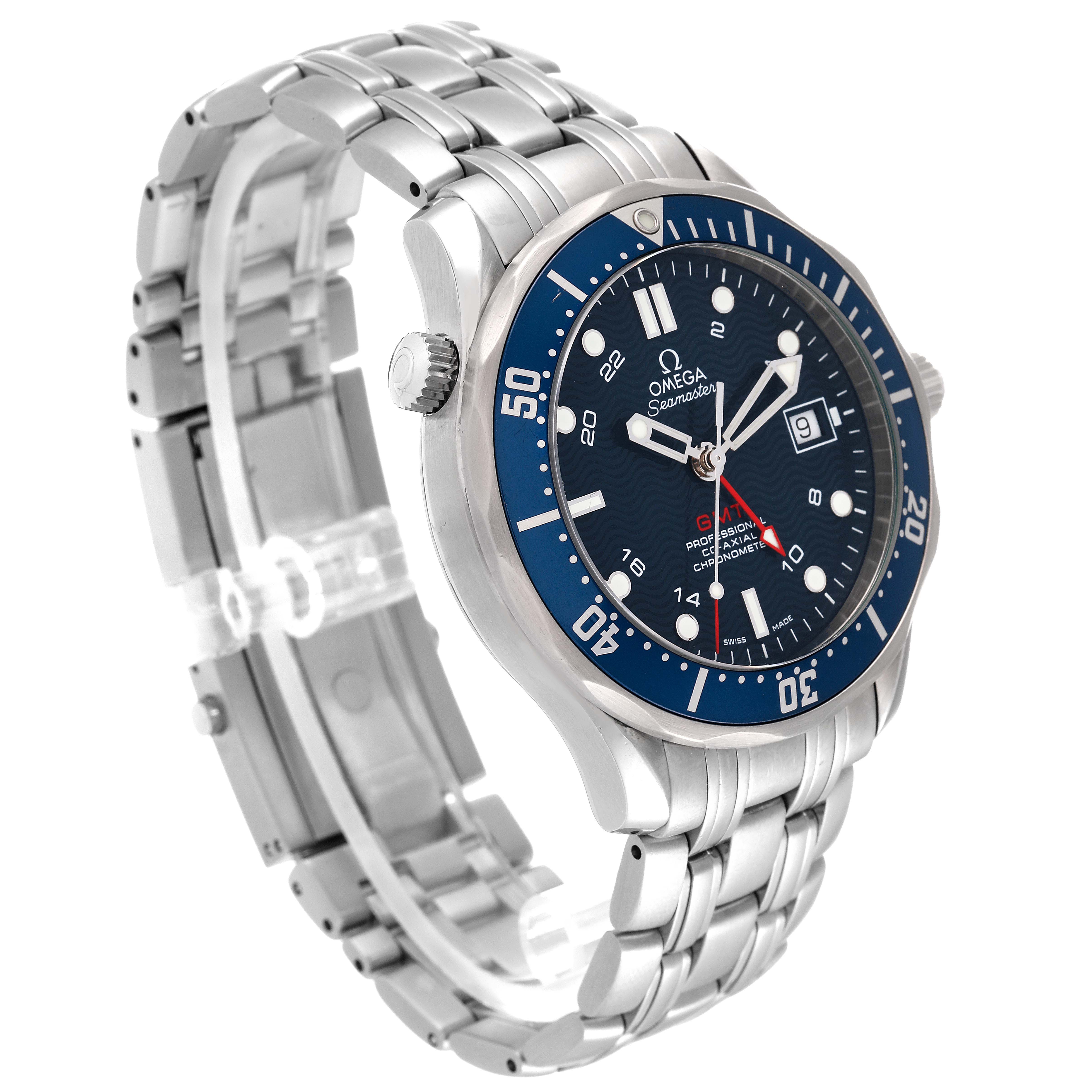 The Omega Seamaster 2535.80.00 Men's Stainless Steel Blue Dial 2535.80.00 Men's Stainless Steel Blue Dial watch is shown at a three-quarter angle, displaying its dial, bezel, and stainless steel bracelet.