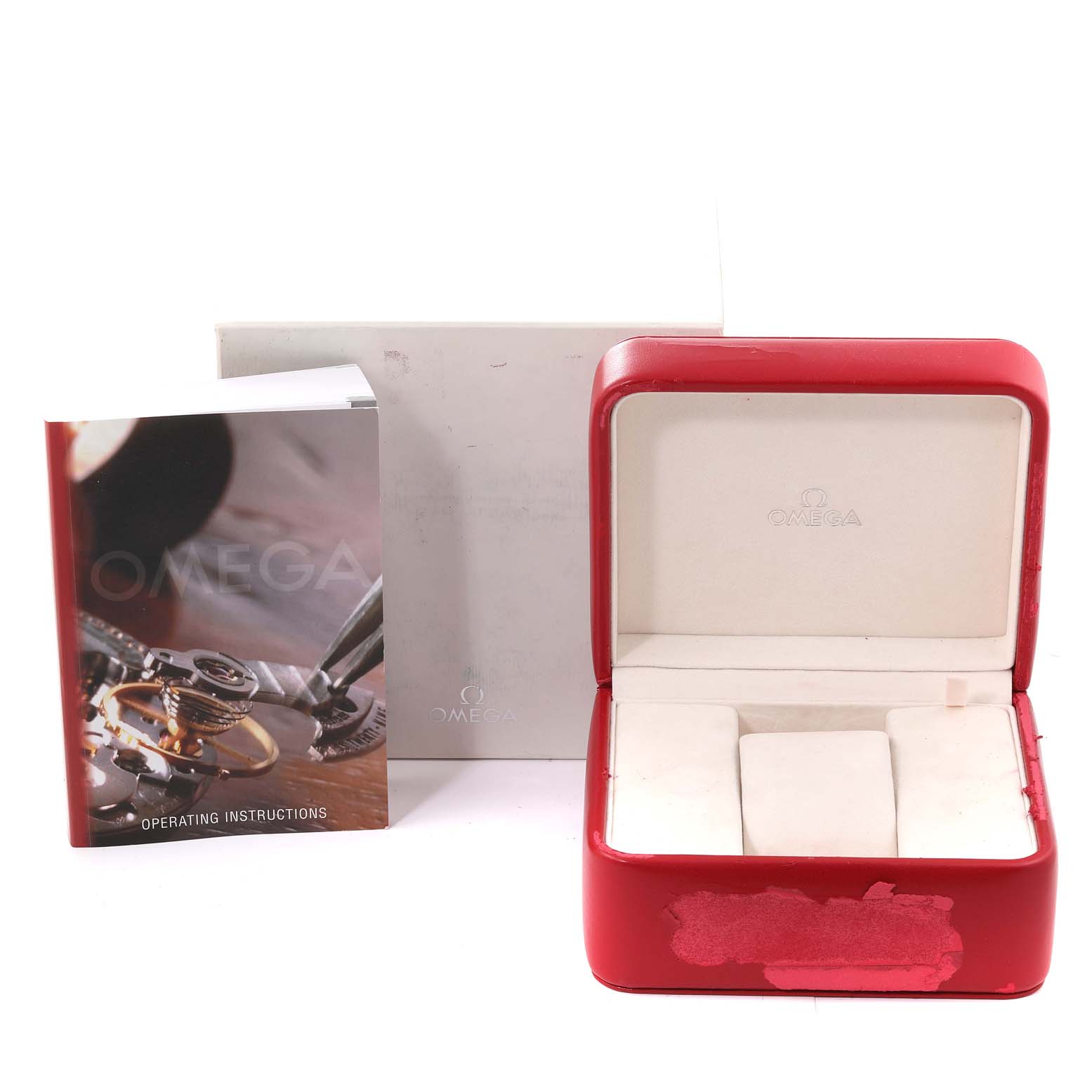 This image shows the opened box and manual for an Omega Seamaster 2535.80.00 Men's Stainless Steel Blue Dial 2535.80.00 Men's Stainless Steel Blue Dial watch.