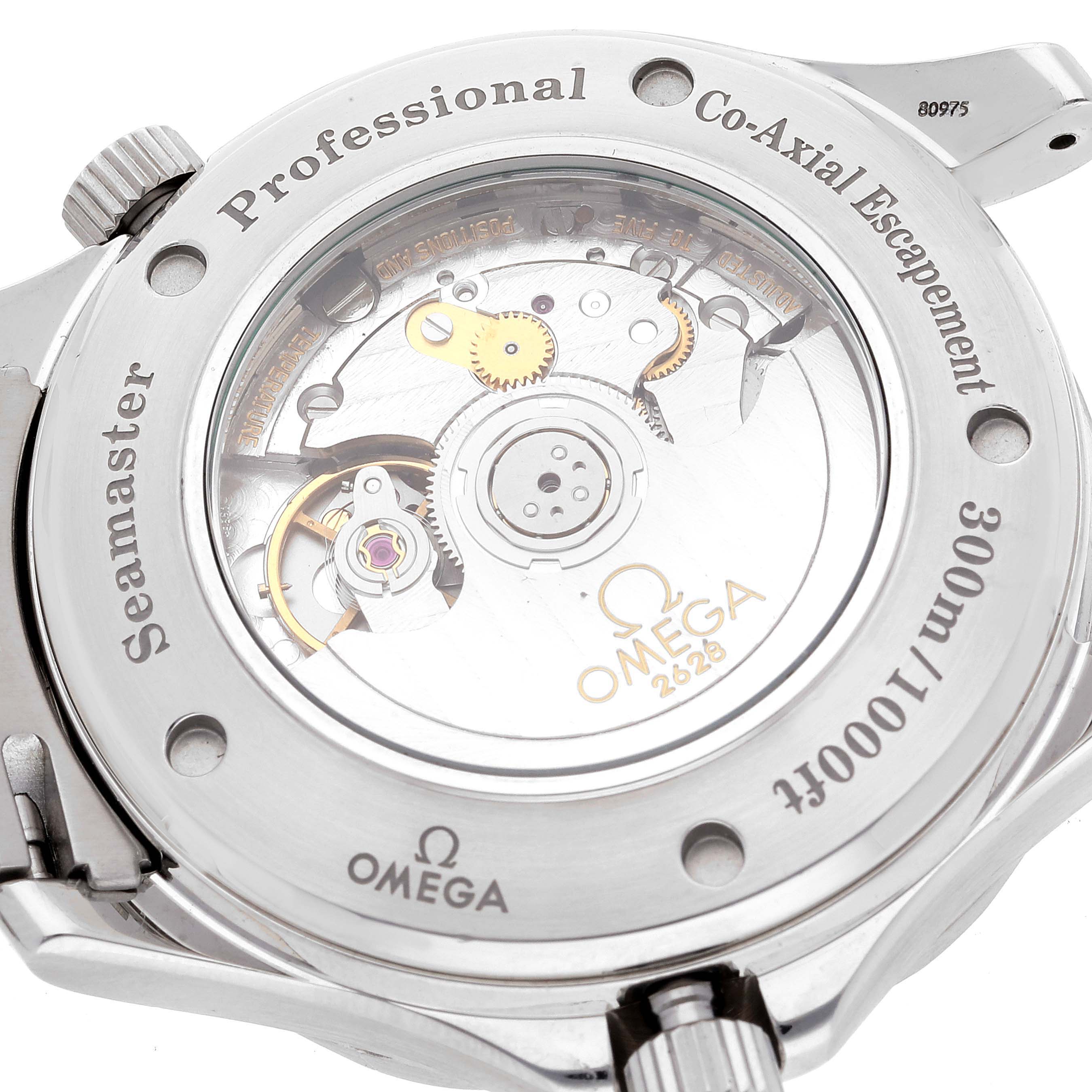 The image shows the back view of the Omega Seamaster 2535.80.00 Men's Stainless Steel Blue Dial 2535.80.00 Men's Stainless Steel Blue Dial watch, highlighting its Co-Axial escapement and internal mechanism.