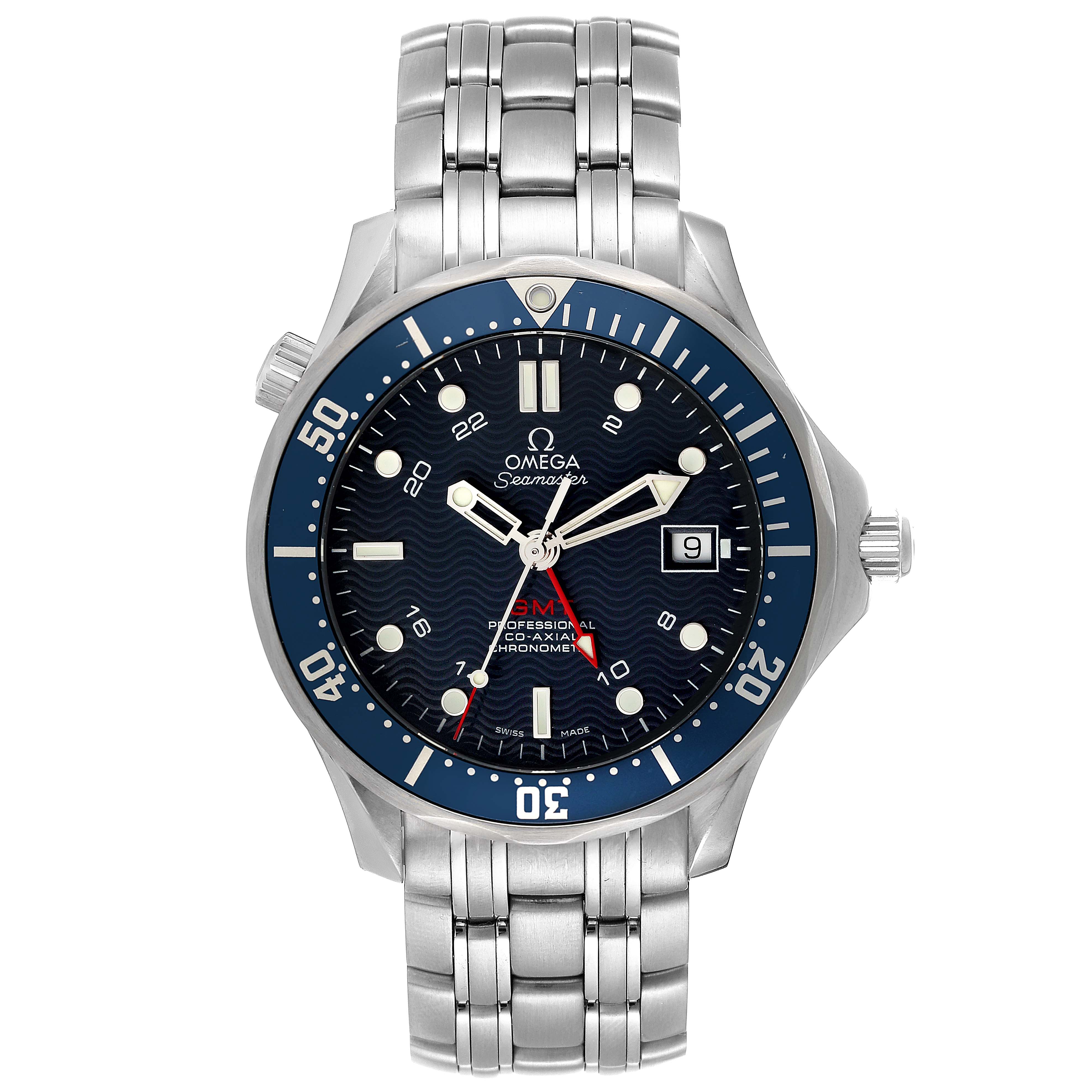 The image shows a front view of an Omega Seamaster 2535.80.00 Men's Stainless Steel Blue Dial 2535.80.00 Men's Stainless Steel Blue Dial watch, highlighting its dial, bezel, strap, and crown.