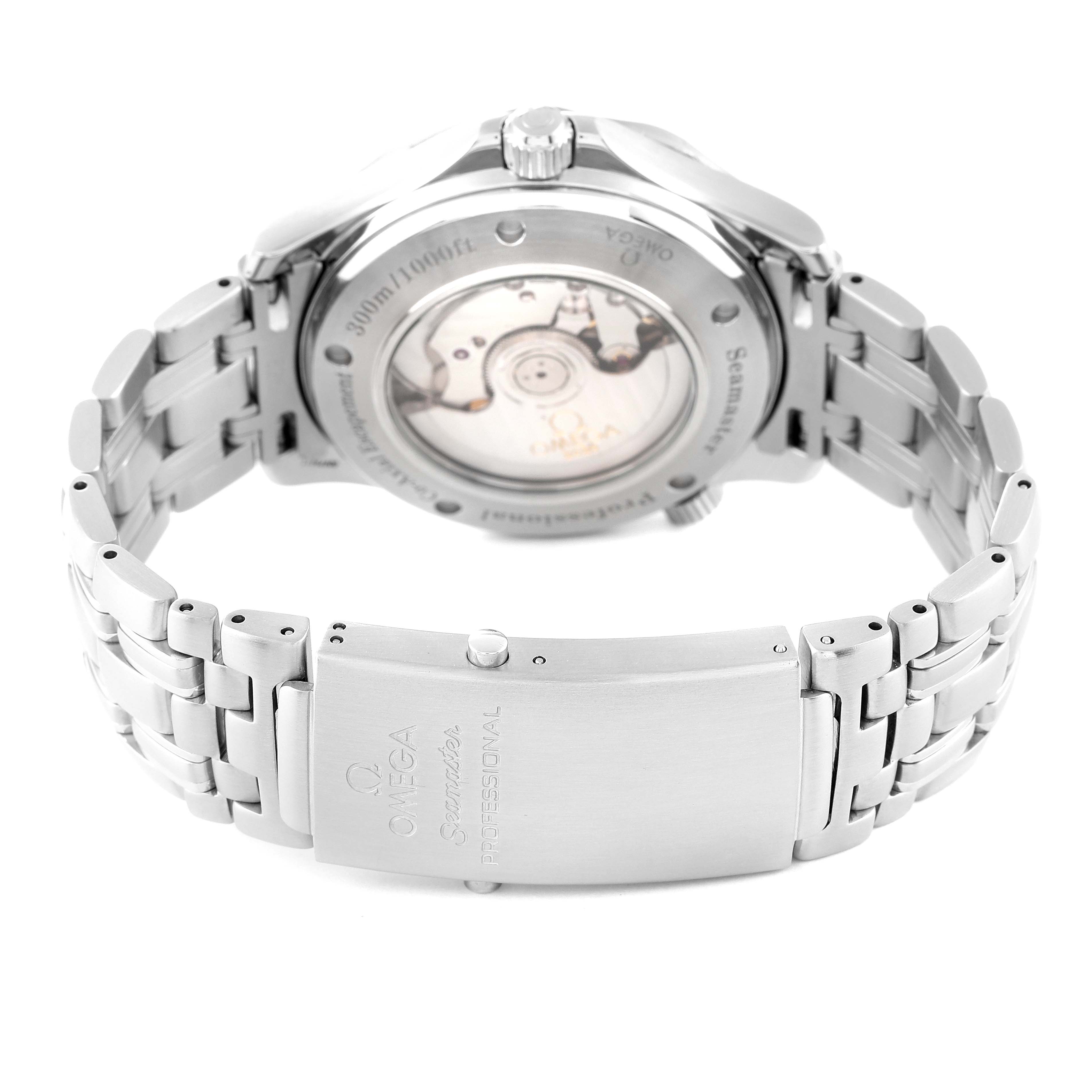 This is the back view of an Omega Seamaster 2535.80.00 Men's Stainless Steel Blue Dial 2535.80.00 Men's Stainless Steel Blue Dial watch, showing the case back, bracelet, and clasp.