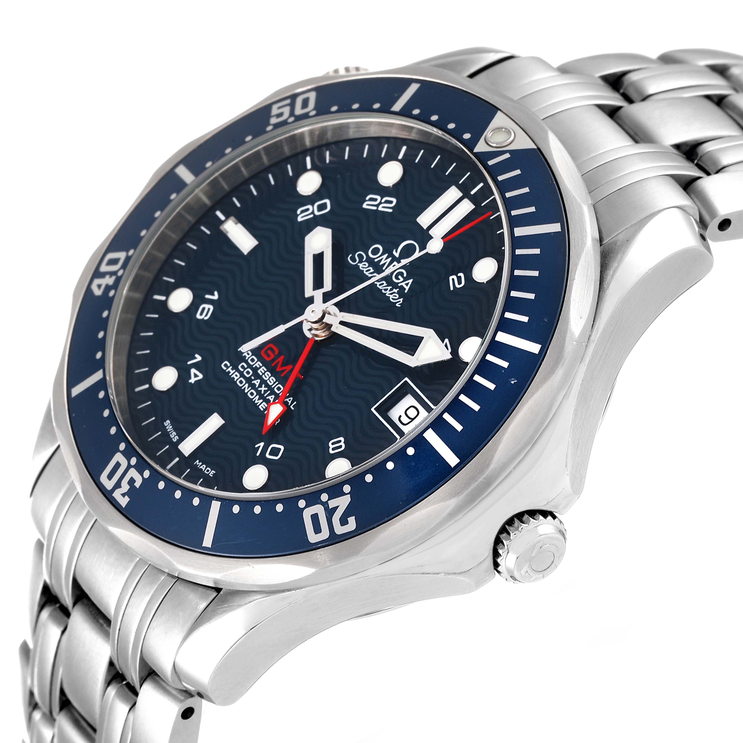 This image shows an angled view of the Omega Seamaster 2535.80.00 Men's Stainless Steel Blue Dial 2535.80.00 Men's Stainless Steel Blue Dial watch, displaying the face, bezel, crown, and part of the bracelet.