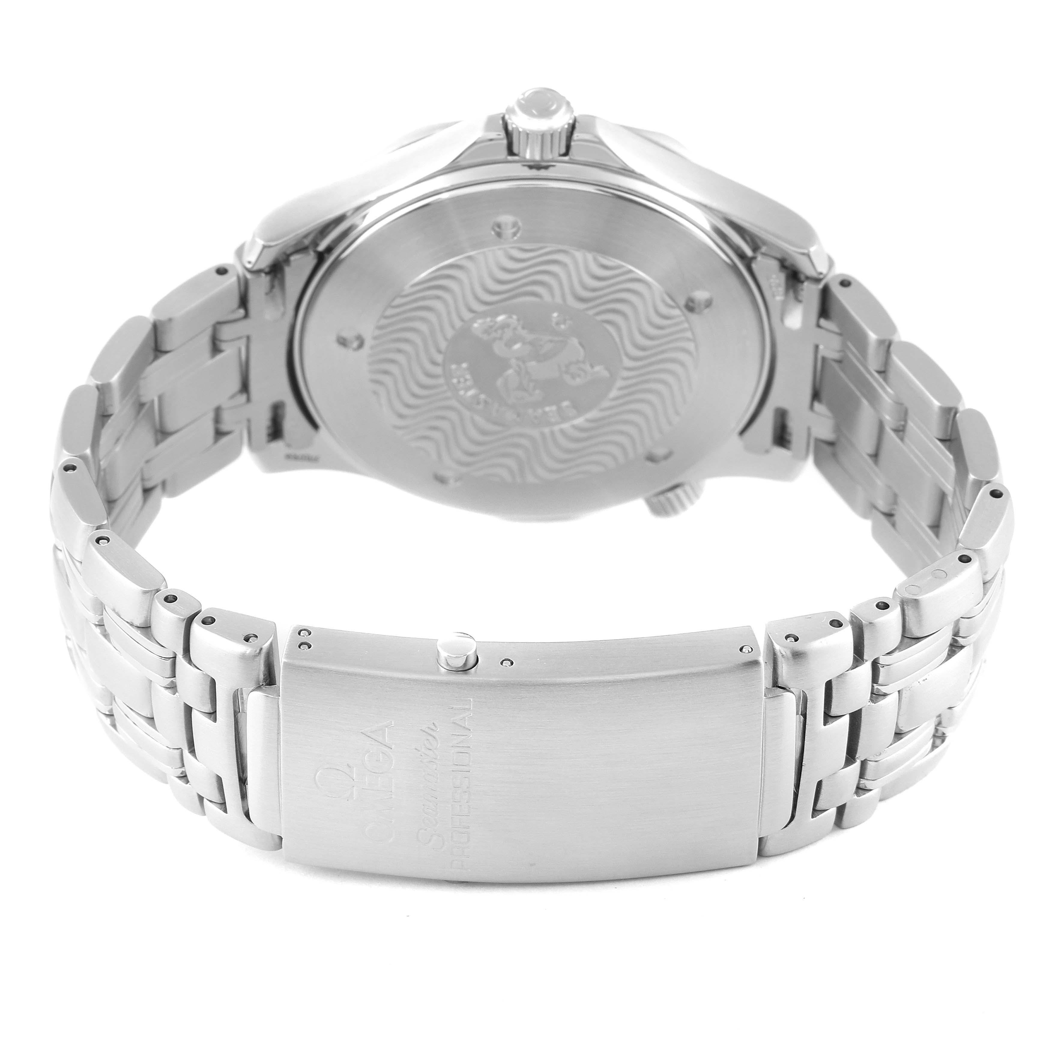 The image shows the back and clasp of the Omega Seamaster 2541.80.00 Men's Stainless Steel Blue Dial 2541.80.00 Men's Stainless Steel Blue Dial, highlighting its stainless steel bracelet and engraved case back.