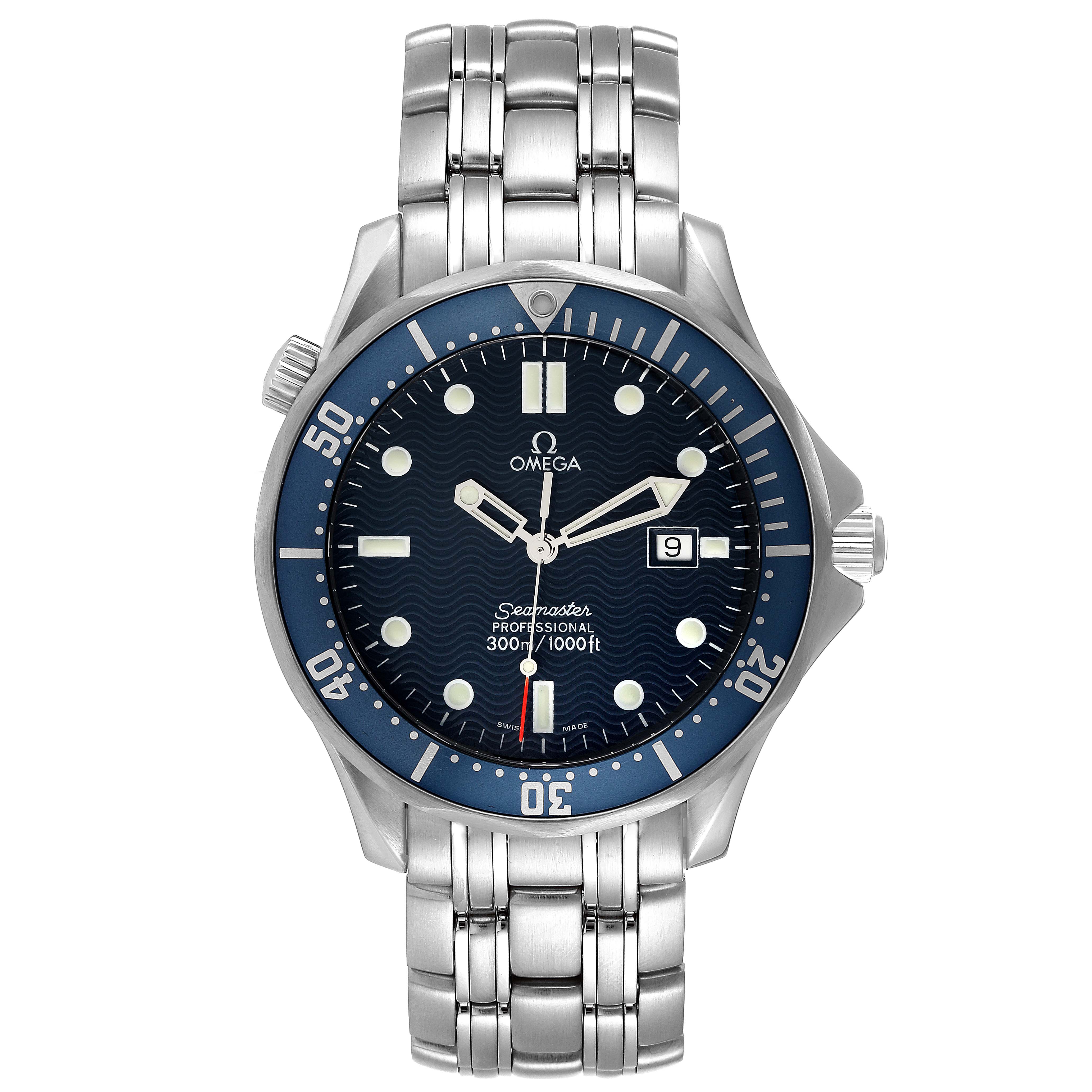 The image shows a front view of the Omega Seamaster 2541.80.00 Men's Stainless Steel Blue Dial 2541.80.00 Men's Stainless Steel Blue Dial watch, displaying its dial, bezel, bracelet, and crown.
