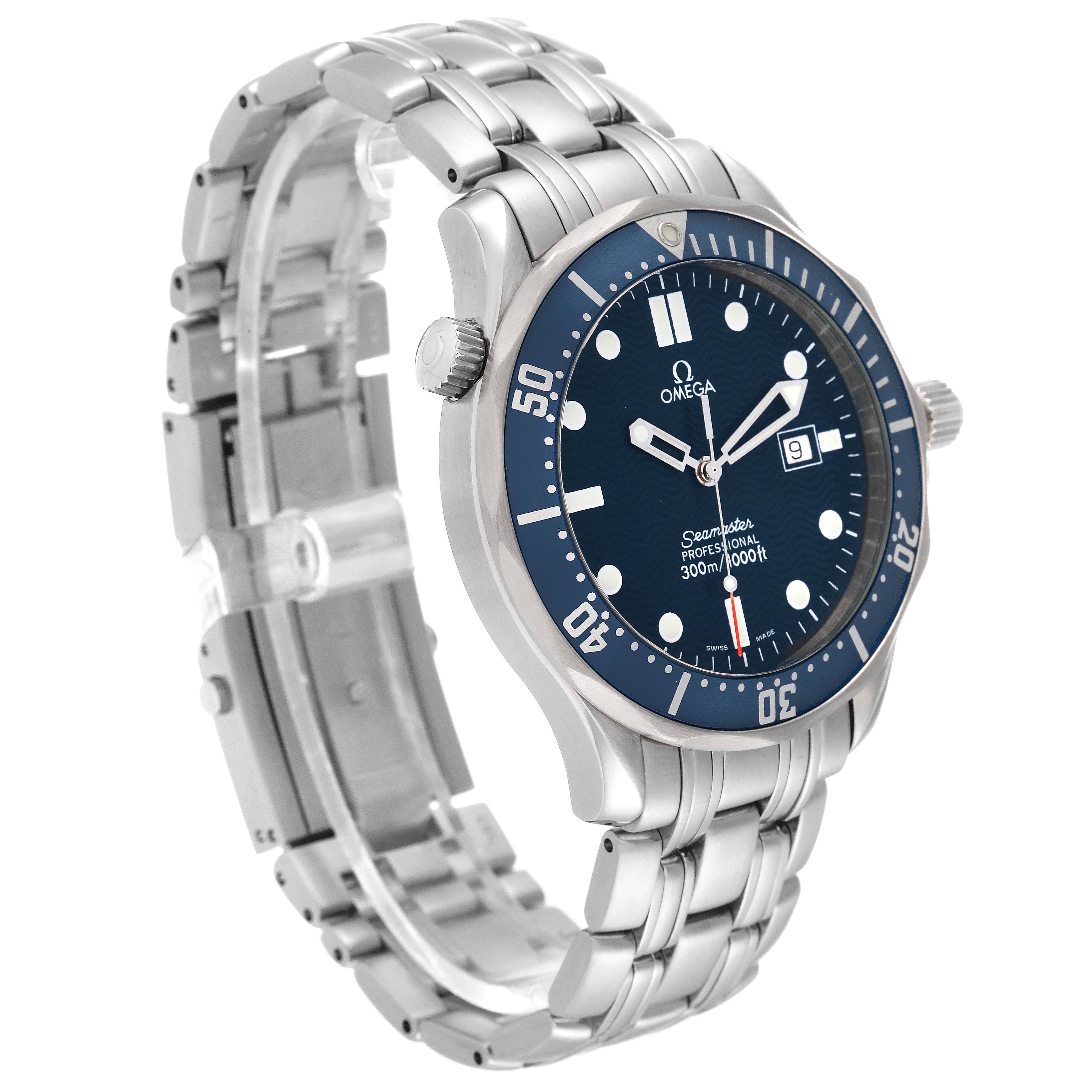The image shows a side angle of the Omega Seamaster 2541.80.00 Men's Stainless Steel Blue Dial 2541.80.00 Men's Stainless Steel Blue Dial watch displaying the face, bezel, crown, and metal bracelet.