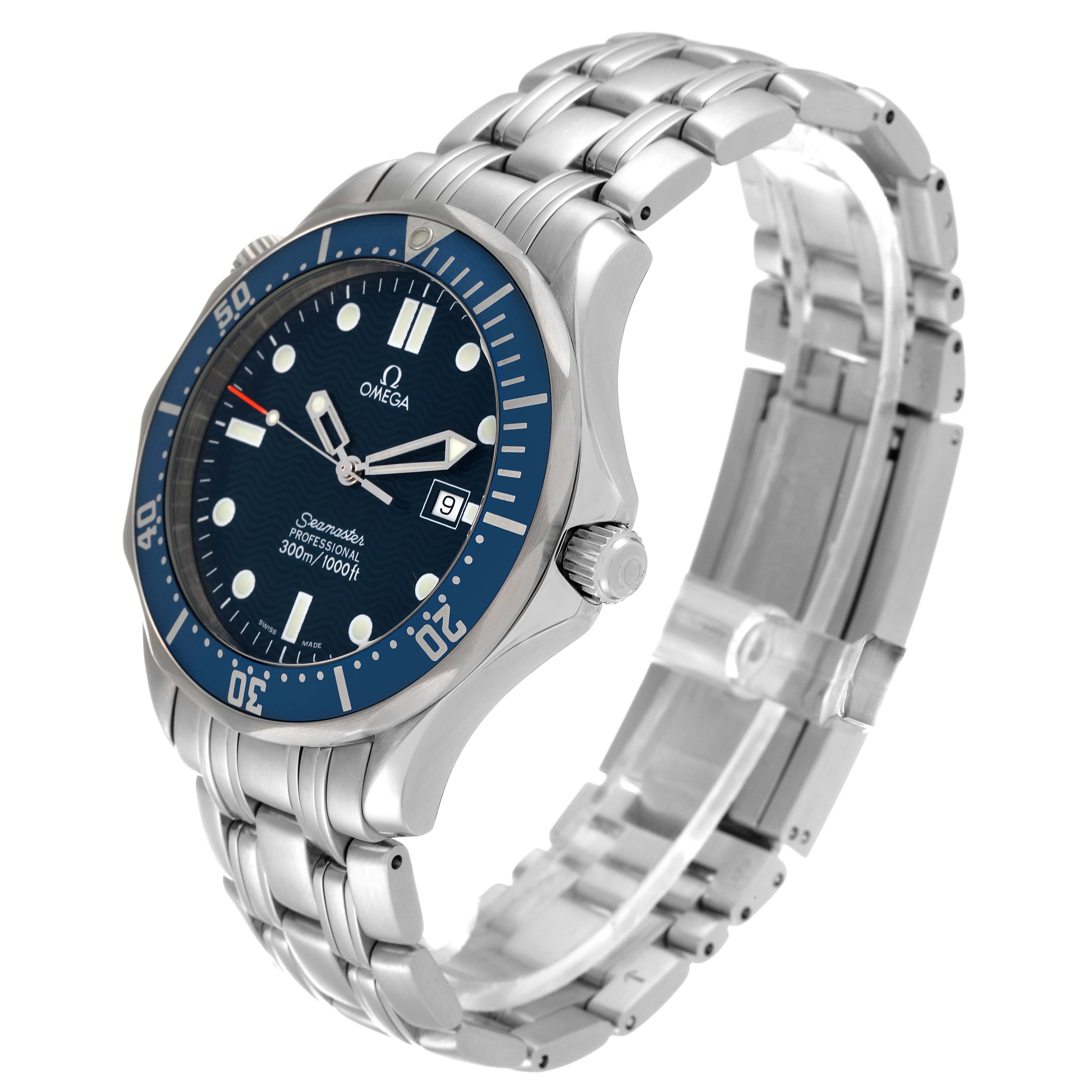 The image shows an angled view of an Omega Seamaster 2541.80.00 Men's Stainless Steel Blue Dial 2541.80.00 Men's Stainless Steel Blue Dial watch, displaying the face, bezel, crown, and bracelet.