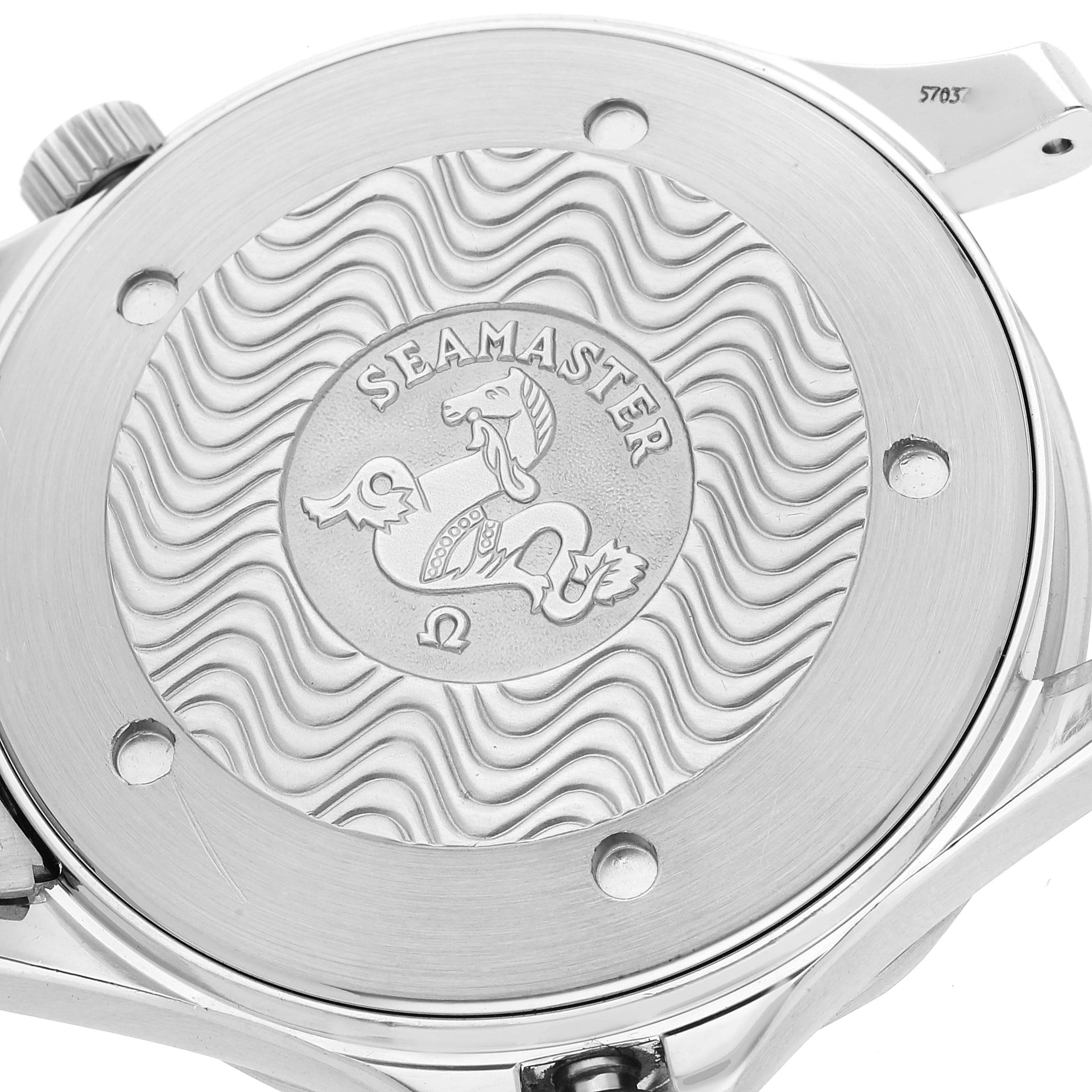 This image shows the back case of an Omega Seamaster 2541.80.00 Men's Stainless Steel Blue Dial 2541.80.00 Men's Stainless Steel Blue Dial watch, highlighting the engraved logo and wave pattern.