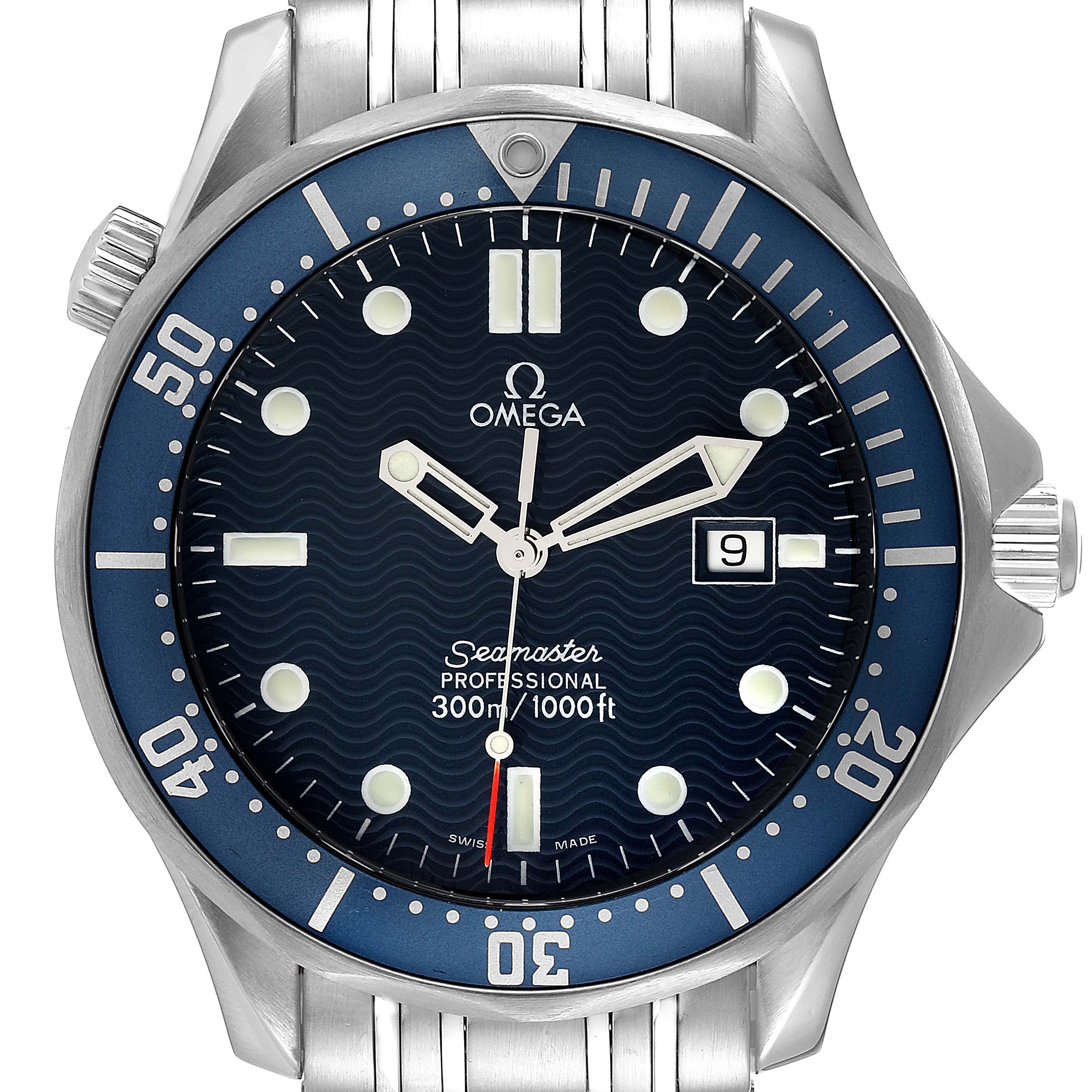The image shows a front view of the Omega Seamaster 2541.80.00 Men's Stainless Steel Blue Dial 2541.80.00 Men's Stainless Steel Blue Dial Professional watch, displaying its dial, bezel, and bracelet.