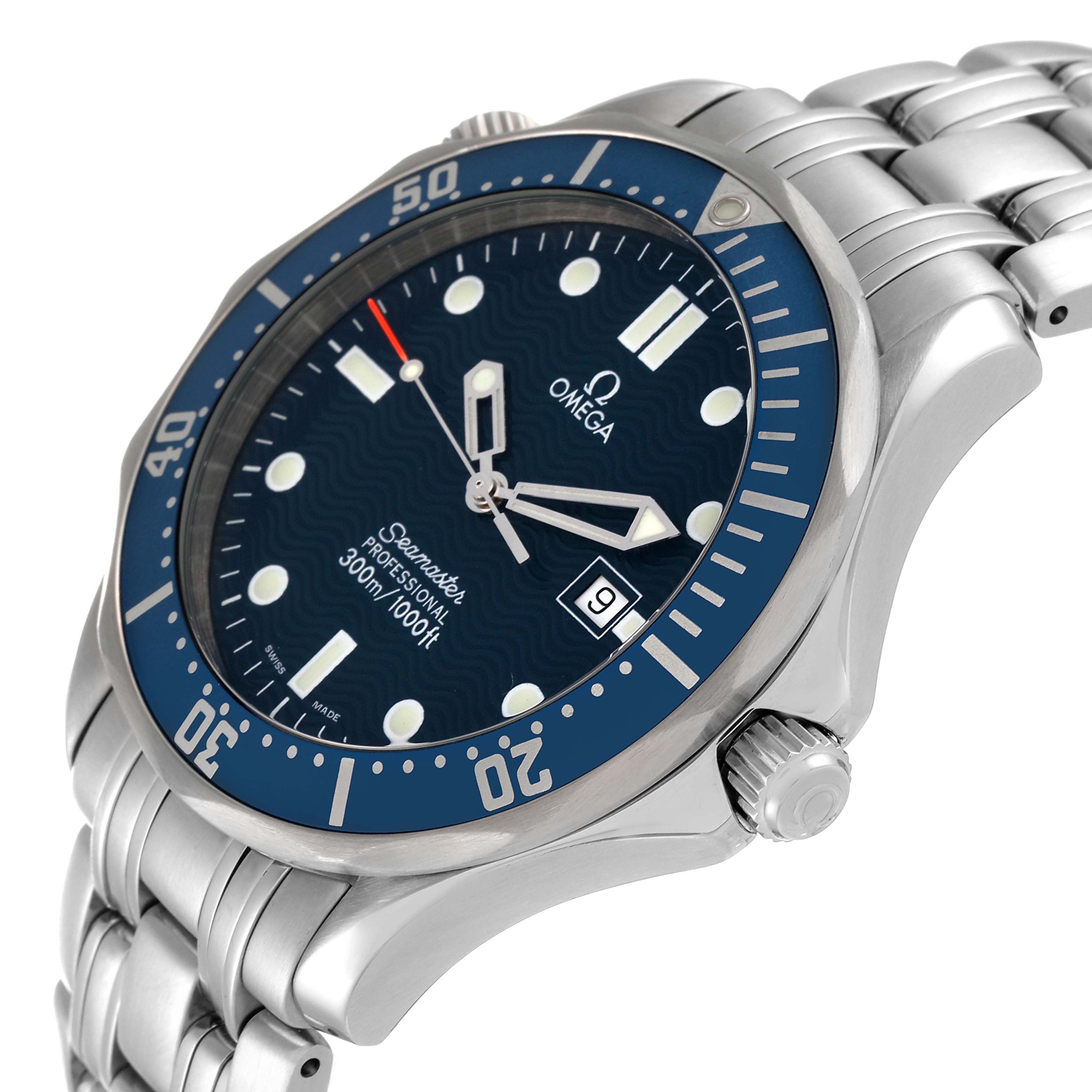 The image shows a side-angle view of an Omega Seamaster 2541.80.00 Men's Stainless Steel Blue Dial 2541.80.00 Men's Stainless Steel Blue Dial watch, highlighting the dial, bezel, crown, and part of the bracelet.