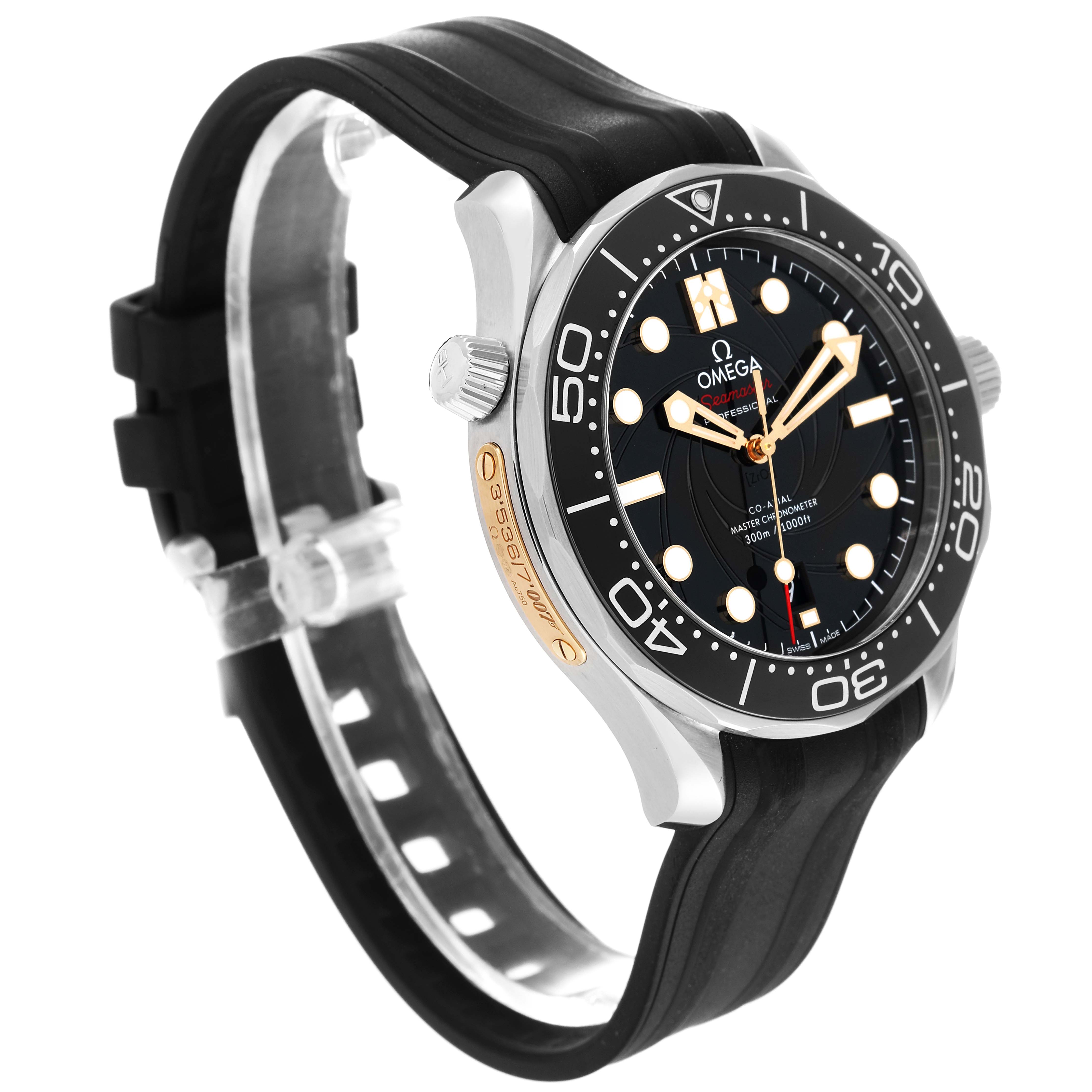 The image shows a side view of an Omega Seamaster 210.22.42.20.01.004 Men's Stainless Steel Black Dial 210.22.42.20.01.004 Men's Stainless Steel Black Dial watch, highlighting its face, bezel, case, crown, and black rubber strap.