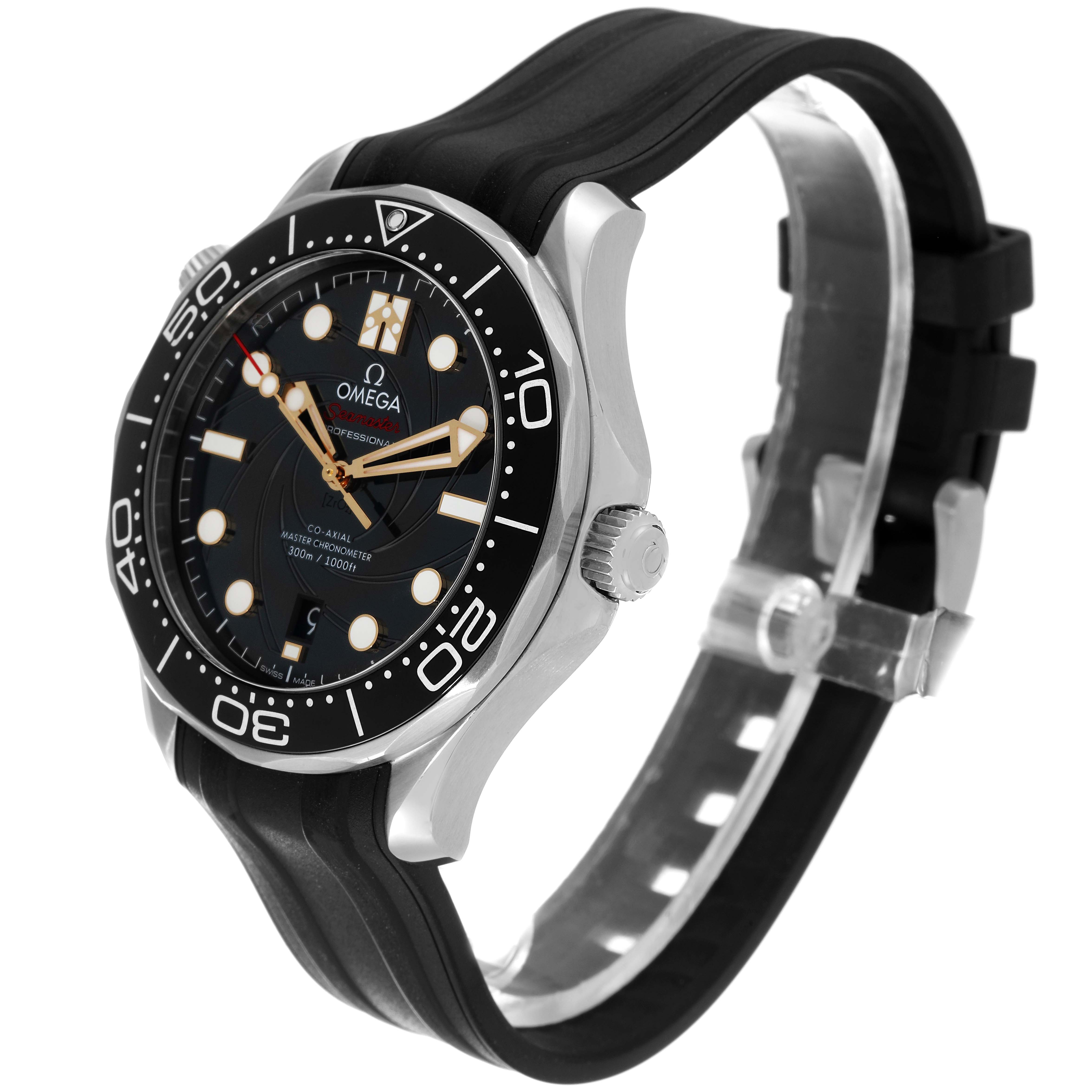 The angle shows the Omega Seamaster 210.22.42.20.01.004 Men's Stainless Steel Black Dial 210.22.42.20.01.004 Men's Stainless Steel Black Dial watch's face, bezel, crown, and black rubber strap.