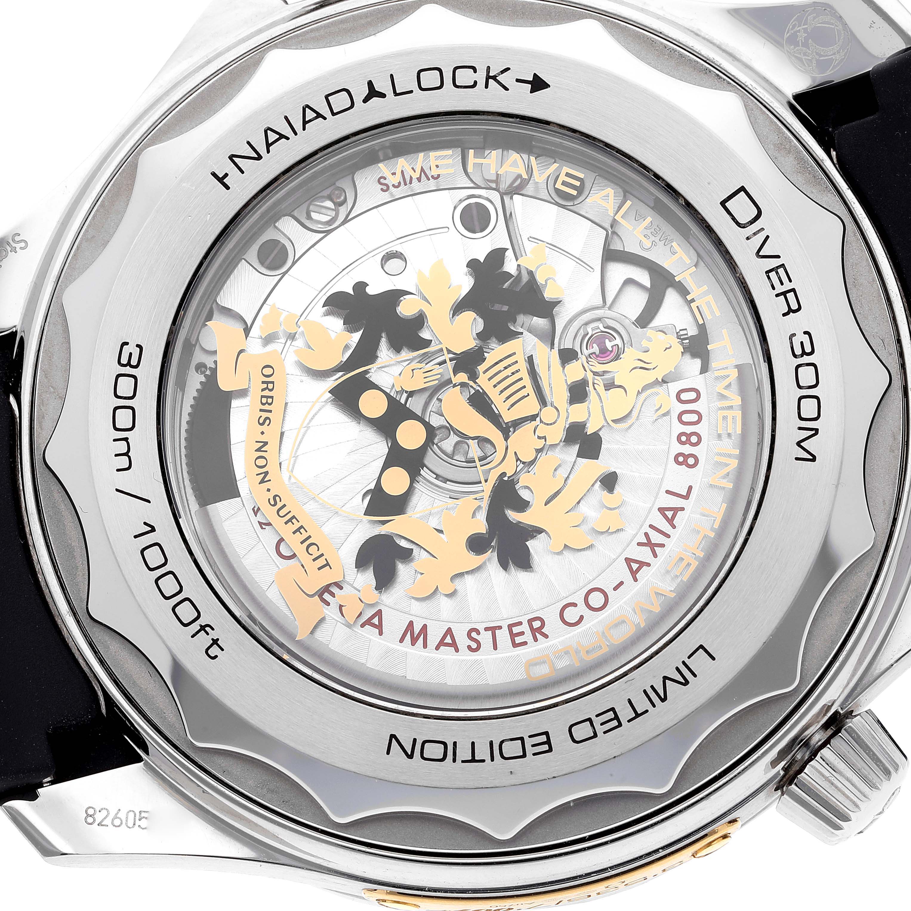 The image shows the back case of an Omega Seamaster 210.22.42.20.01.004 Men's Stainless Steel Black Dial 210.22.42.20.01.004 Men's Stainless Steel Black Dial watch, displaying the movement through a transparent case back.