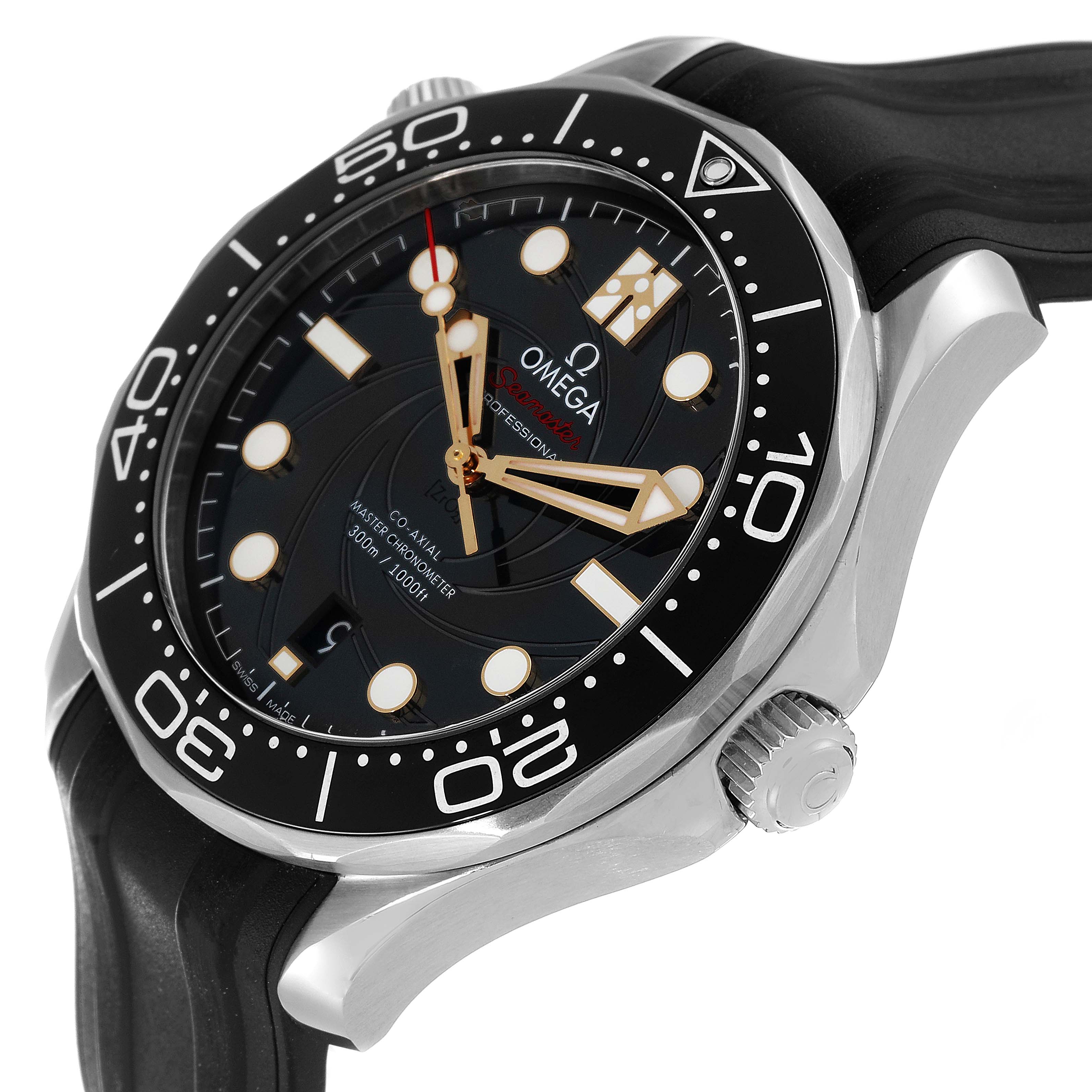 The image shows an angled close-up of the Omega Seamaster 210.22.42.20.01.004 Men's Stainless Steel Black Dial 210.22.42.20.01.004 Men's Stainless Steel Black Dial watch, highlighting its black dial, bezel, case, and crown.