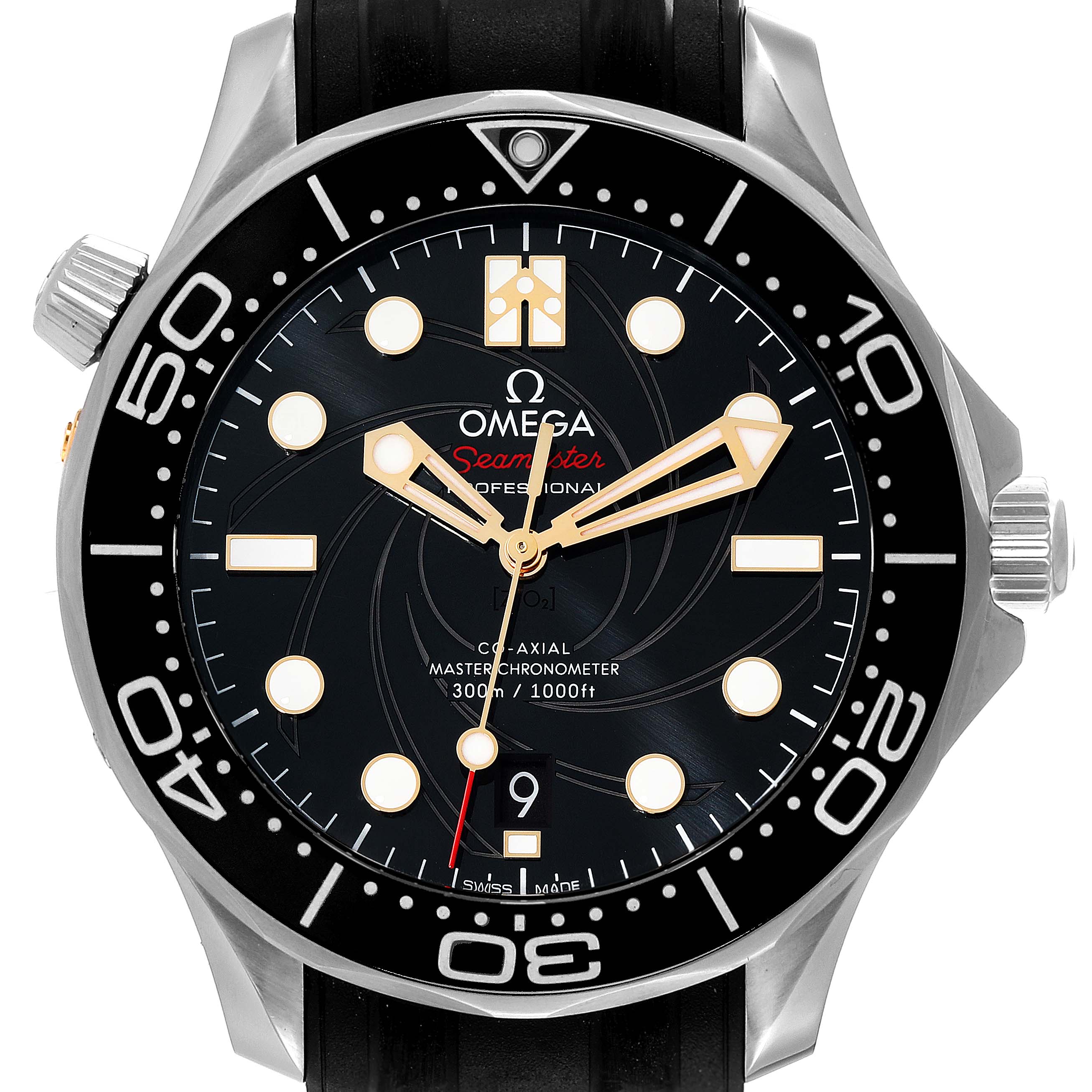 The image shows a frontal view of the Omega Seamaster 210.22.42.20.01.004 Men's Stainless Steel Black Dial 210.22.42.20.01.004 Men's Stainless Steel Black Dial watch, highlighting the dial, bezel, hands, and indices.
