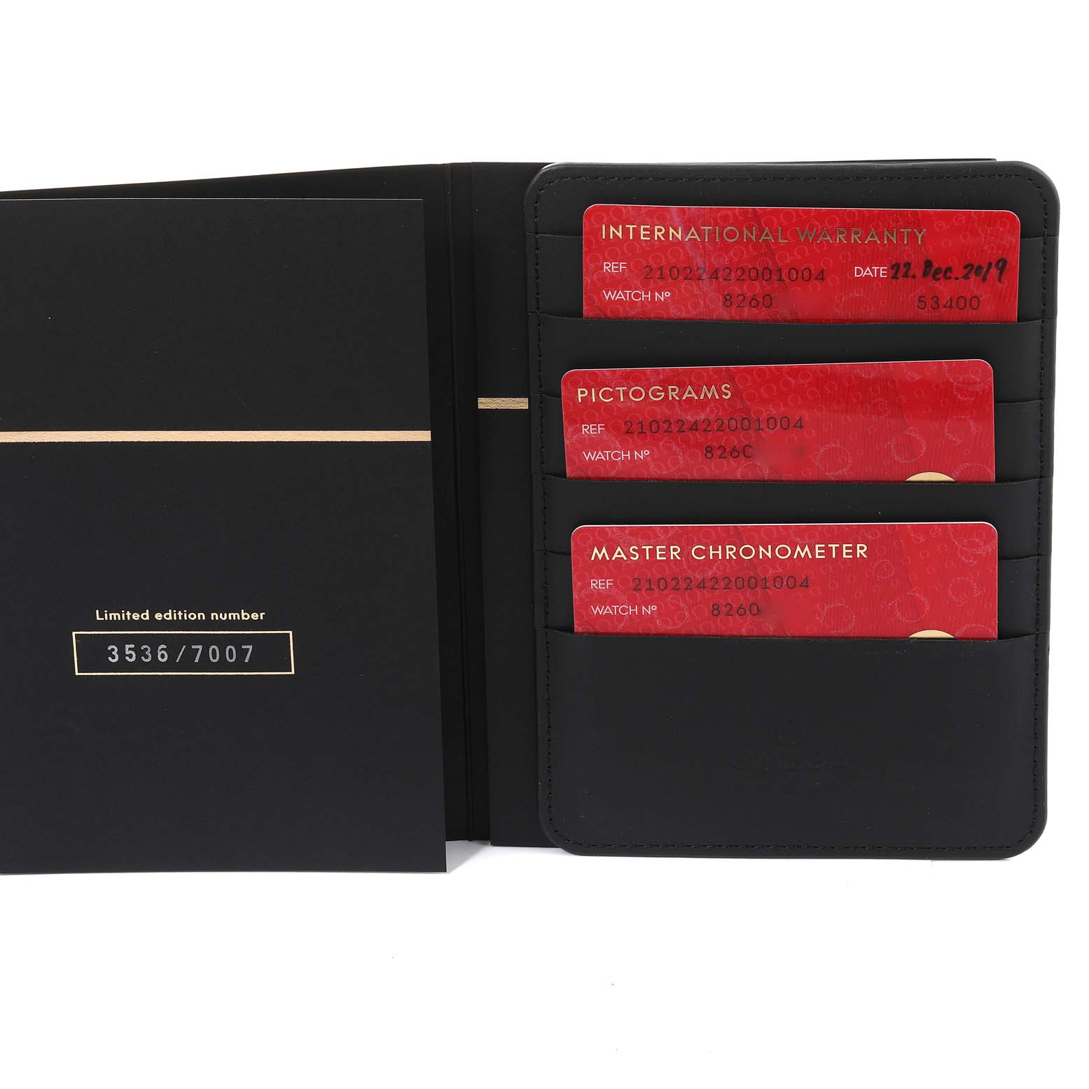 The image shows warranty cards and a limited edition certificate for an Omega Seamaster 210.22.42.20.01.004 Men's Stainless Steel Black Dial 210.22.42.20.01.004 Men's Stainless Steel Black Dial watch.