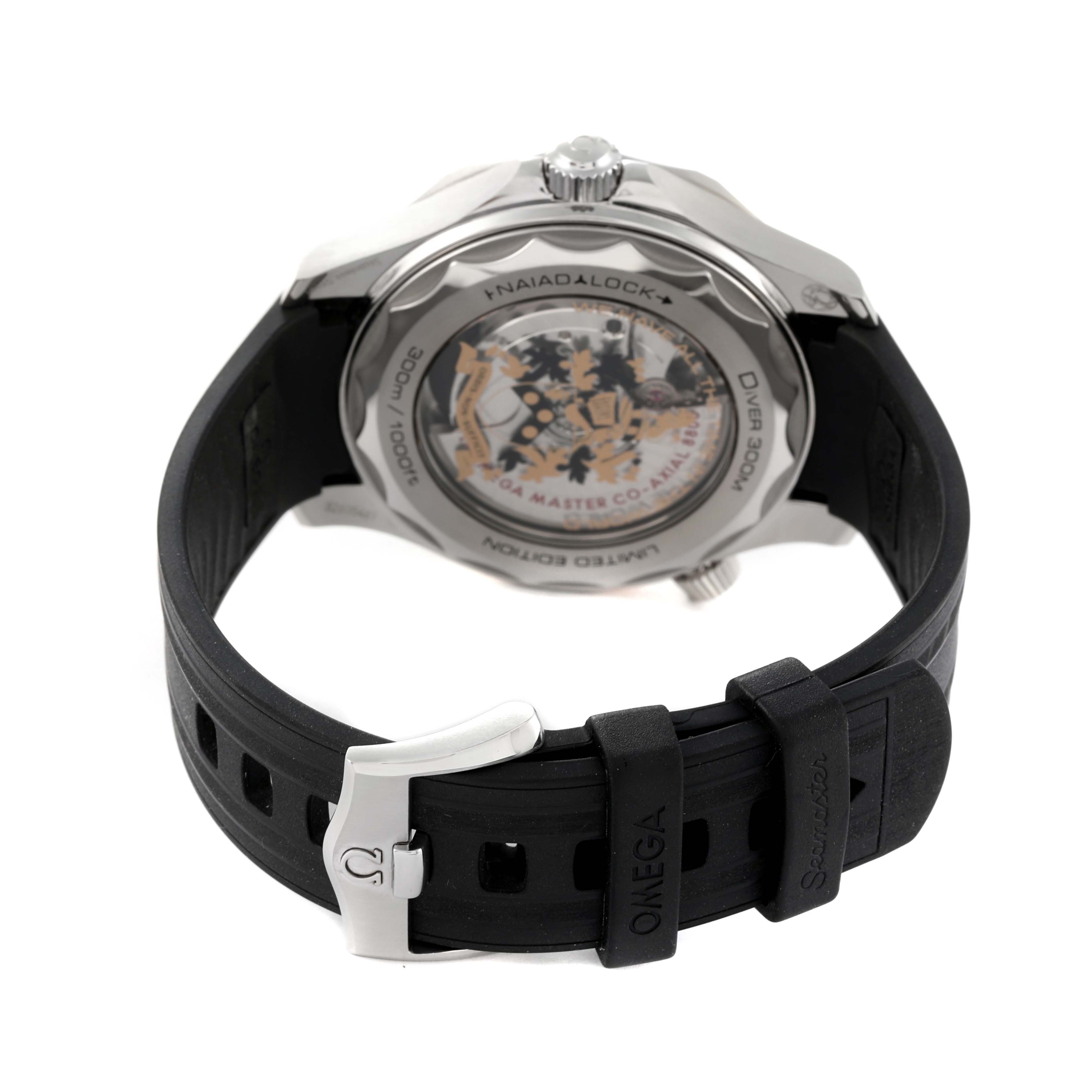 This image shows the back case and strap of an Omega Seamaster 210.22.42.20.01.004 Men's Stainless Steel Black Dial 210.22.42.20.01.004 Men's Stainless Steel Black Dial watch, highlighting the Naiad Lock system and visible movement.