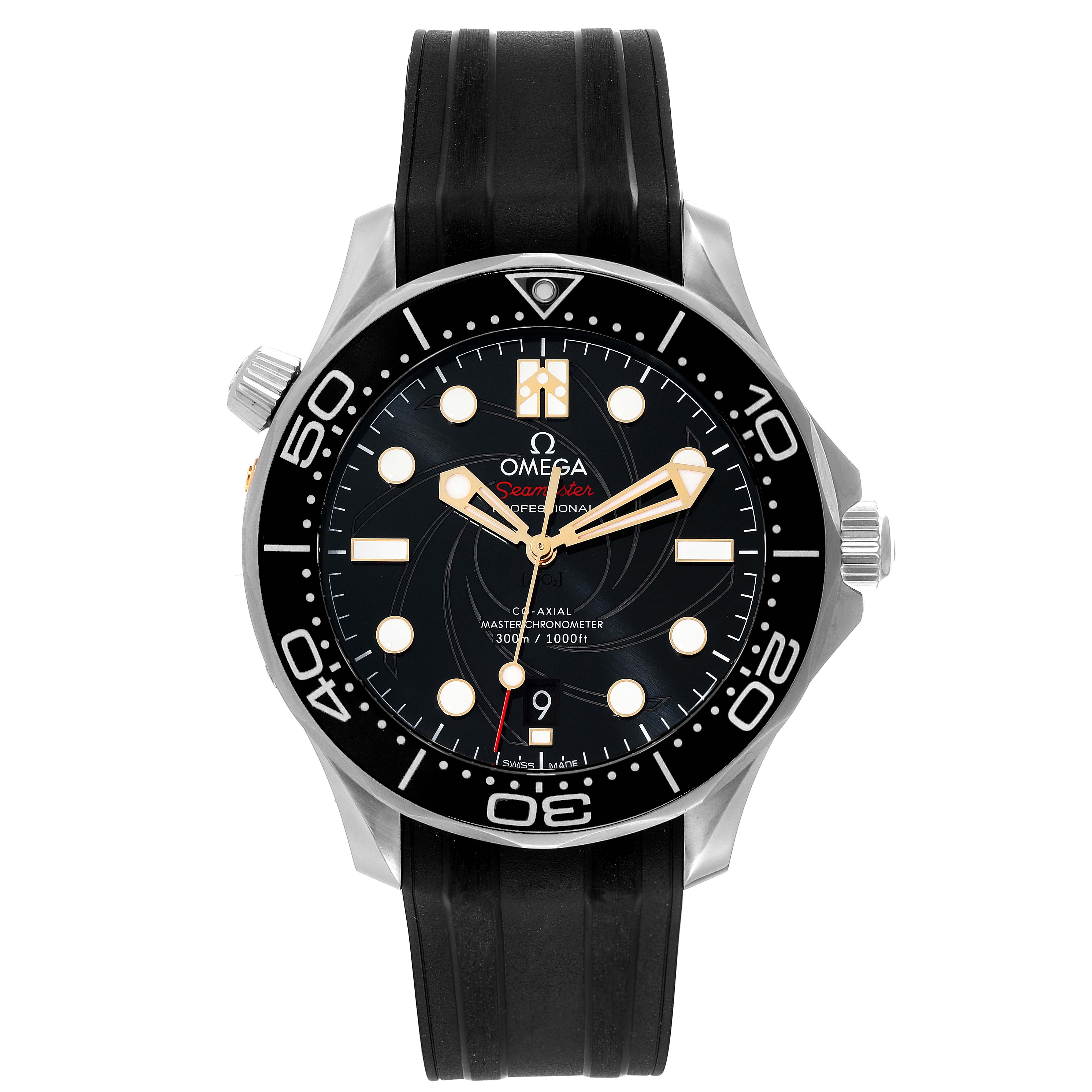 The image shows the front view of an Omega Seamaster 210.22.42.20.01.004 Men's Stainless Steel Black Dial 210.22.42.20.01.004 Men's Stainless Steel Black Dial watch, highlighting its black dial, bezel, and rubber strap.