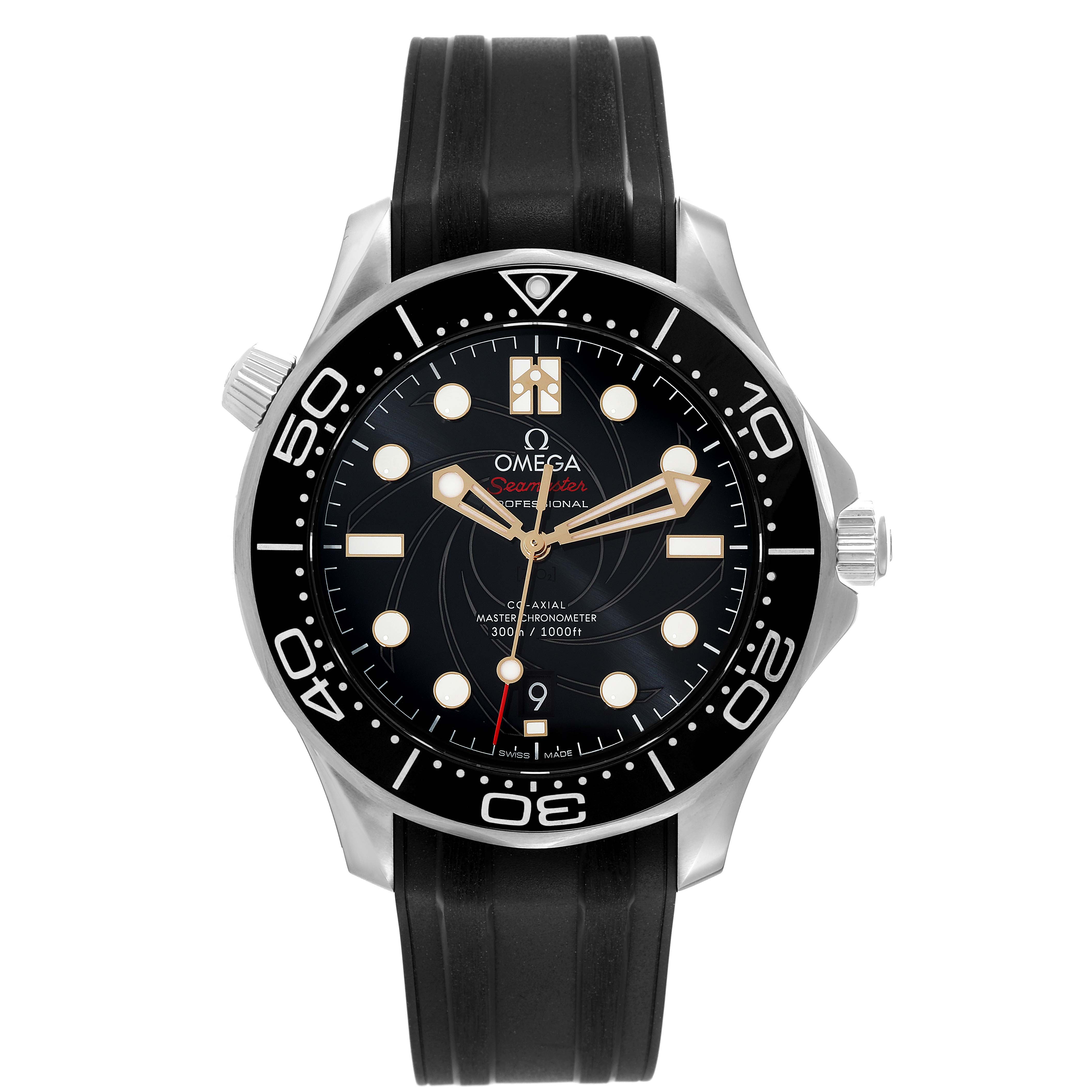 The image shows a front view of an Omega Seamaster 210.22.42.20.01.004 Men
s Stainless Steel Black Dial 210.22.42.20.01.004 Men
s Stainless Steel Black Dial watch, highlighting its black dial, bezel, and rubber strap.