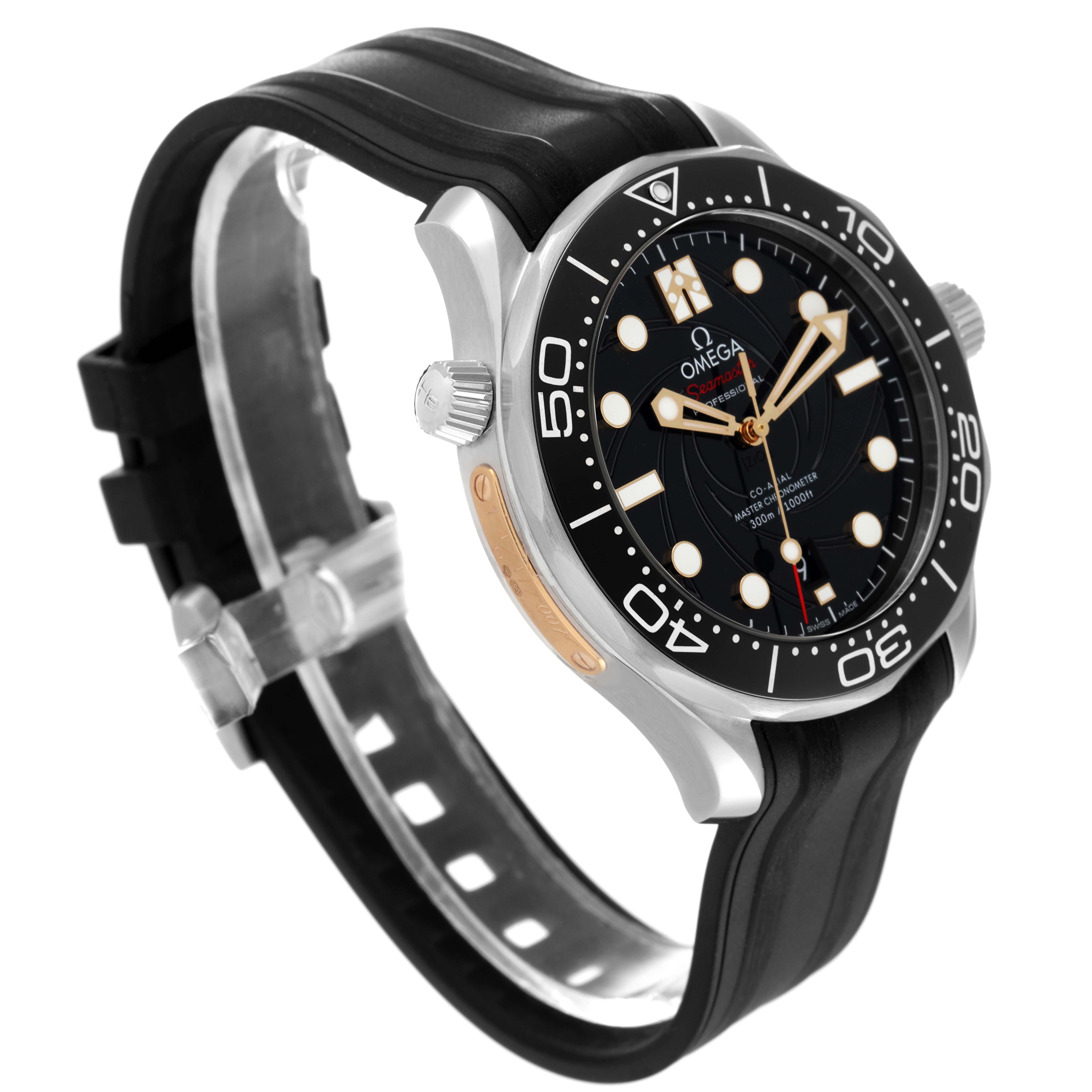 The image shows a side angle of the Omega Seamaster 210.22.42.20.01.004 Men
s Stainless Steel Black Dial 210.22.42.20.01.004 Men
s Stainless Steel Black Dial watch, displaying its black dial, bezel, and rubber strap.