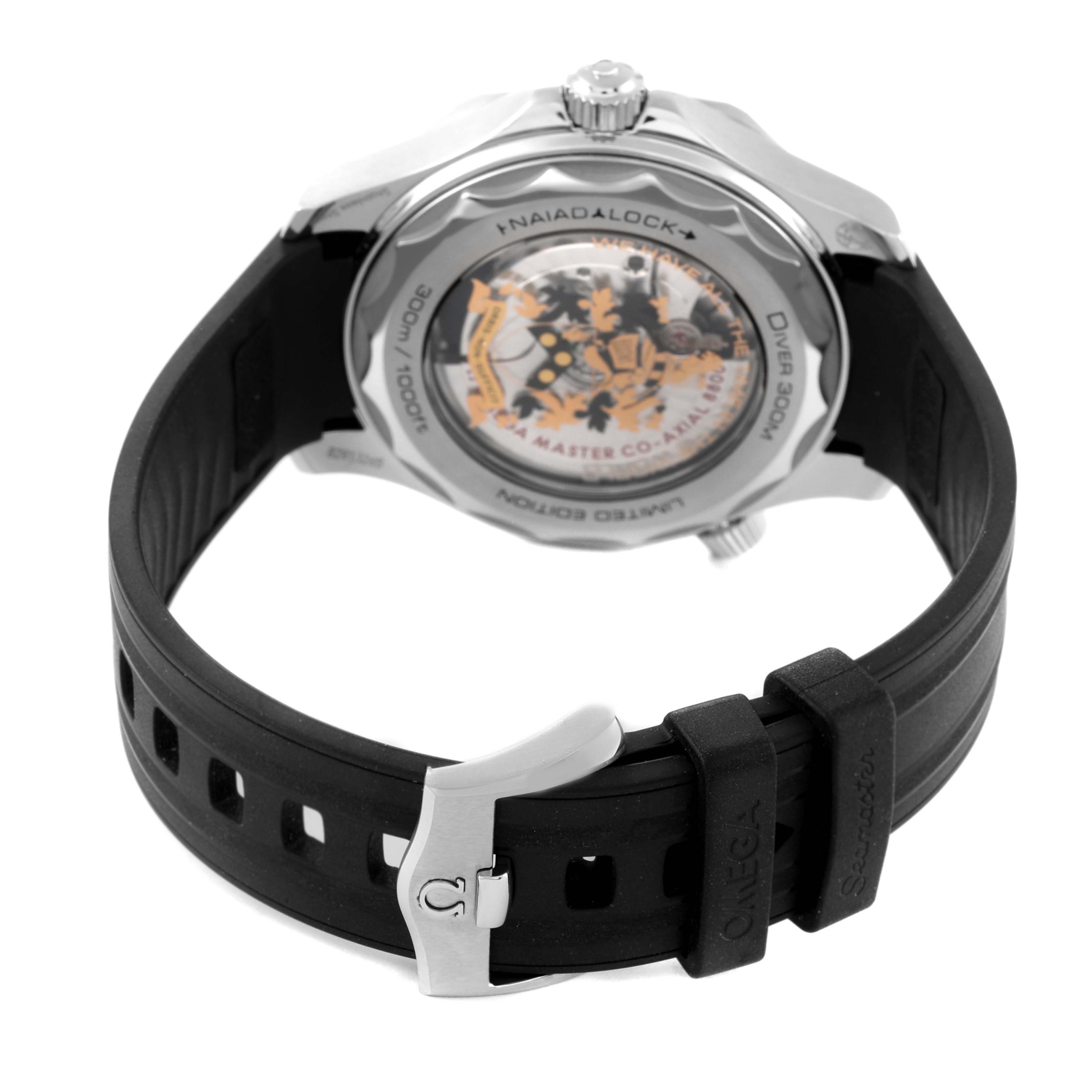 The image shows the back view of the Omega Seamaster 210.22.42.20.01.004 Men
s Stainless Steel Black Dial 210.22.42.20.01.004 Men
s Stainless Steel Black Dial watch, highlighting the case back and rubber strap with branded buckle.