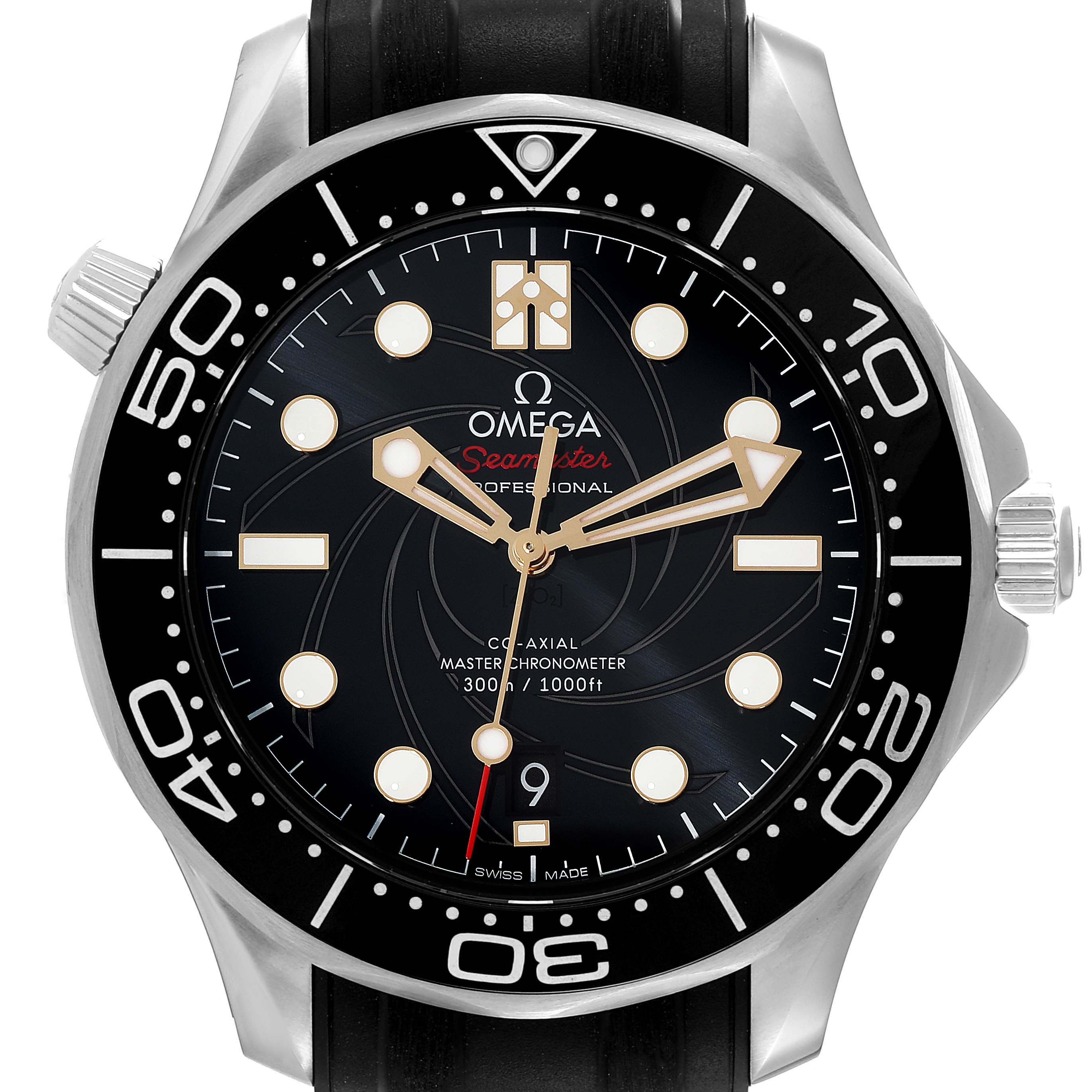 This image shows a frontal view of the Omega Seamaster 210.22.42.20.01.004 Men
s Stainless Steel Black Dial 210.22.42.20.01.004 Men
s Stainless Steel Black Dial watch, highlighting the dial, bezel, and hands.
