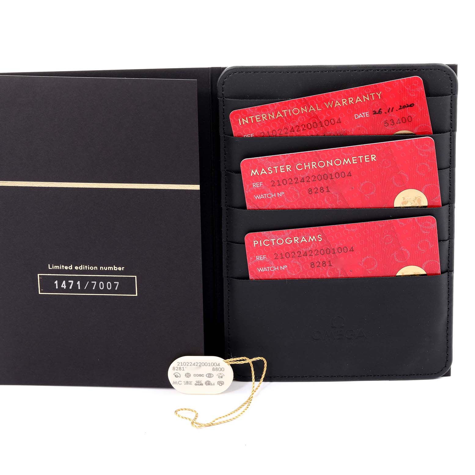 The image shows warranty cards and documentation for the Omega Seamaster 210.22.42.20.01.004 Men
s Stainless Steel Black Dial 210.22.42.20.01.004 Men
s Stainless Steel Black Dial model, including international warranty and master chronometer cards.