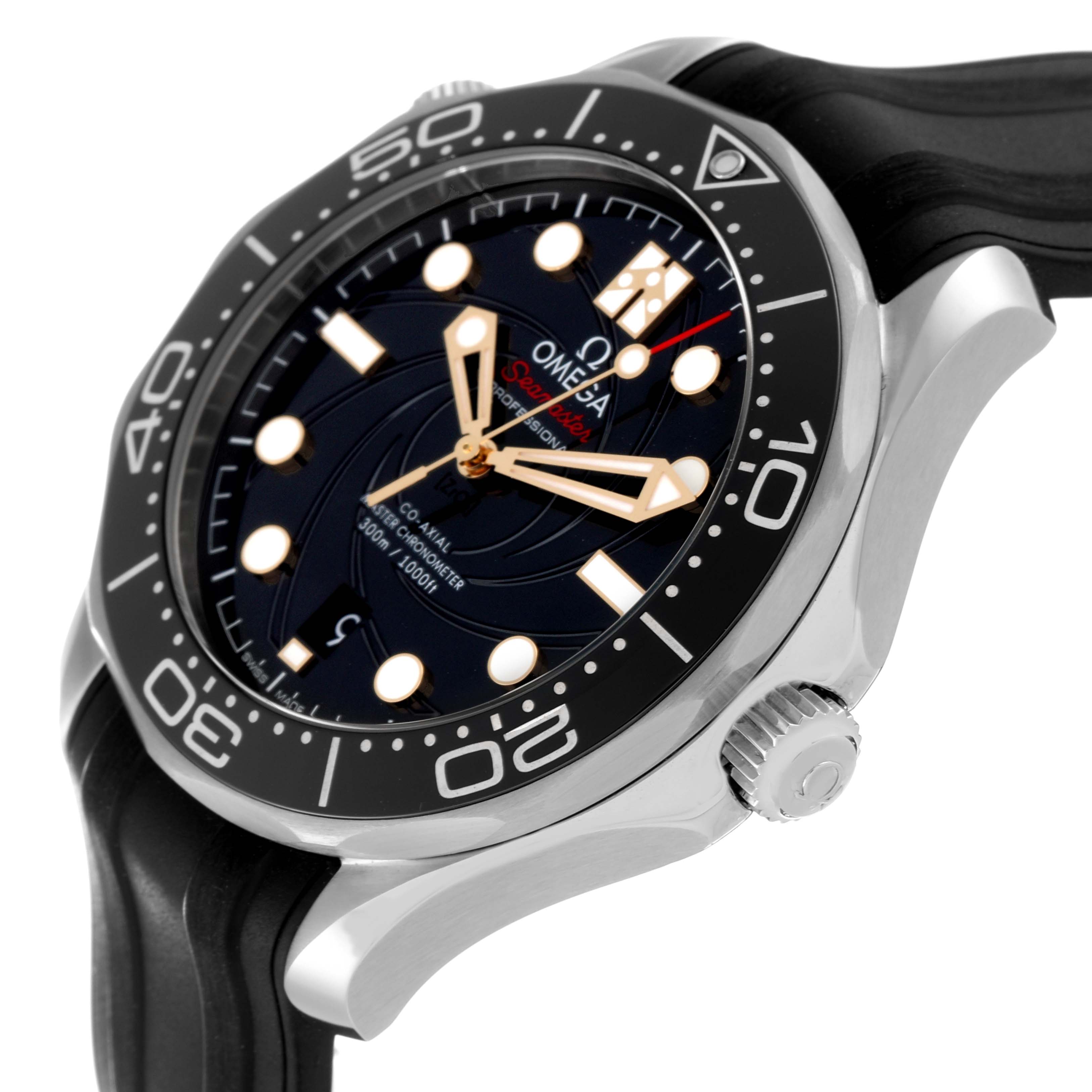 The image shows a side angle of the Omega Seamaster 210.22.42.20.01.004 Men
s Stainless Steel Black Dial 210.22.42.20.01.004 Men
s Stainless Steel Black Dial watch, displaying its face, bezel, and crown.