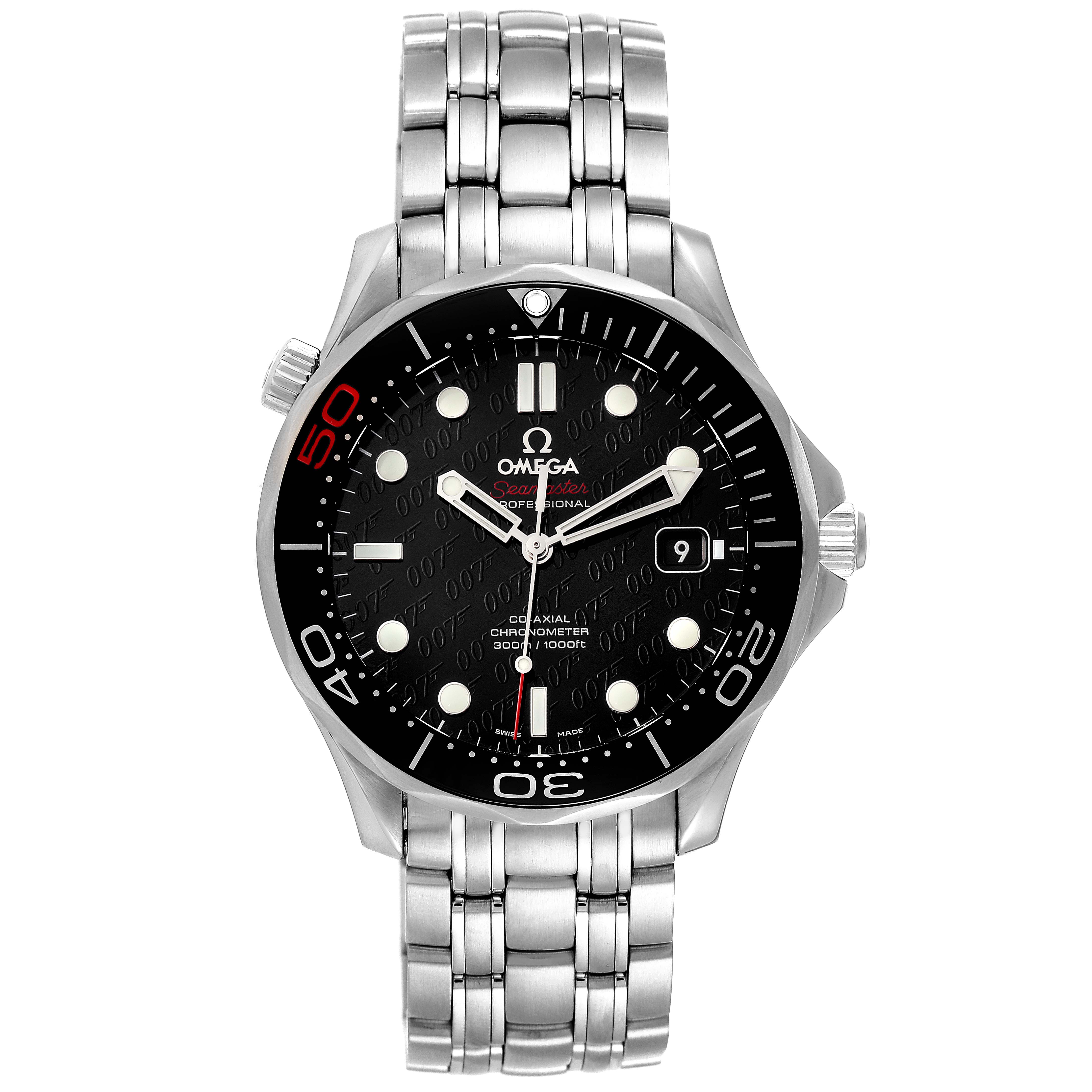 The image shows a front view of the Omega Seamaster 212.30.41.20.01.005 Men's Stainless Steel Black Dial 212.30.41.20.01.005 Men's Stainless Steel Black Dial watch, displaying the dial, bezel, and stainless steel bracelet.