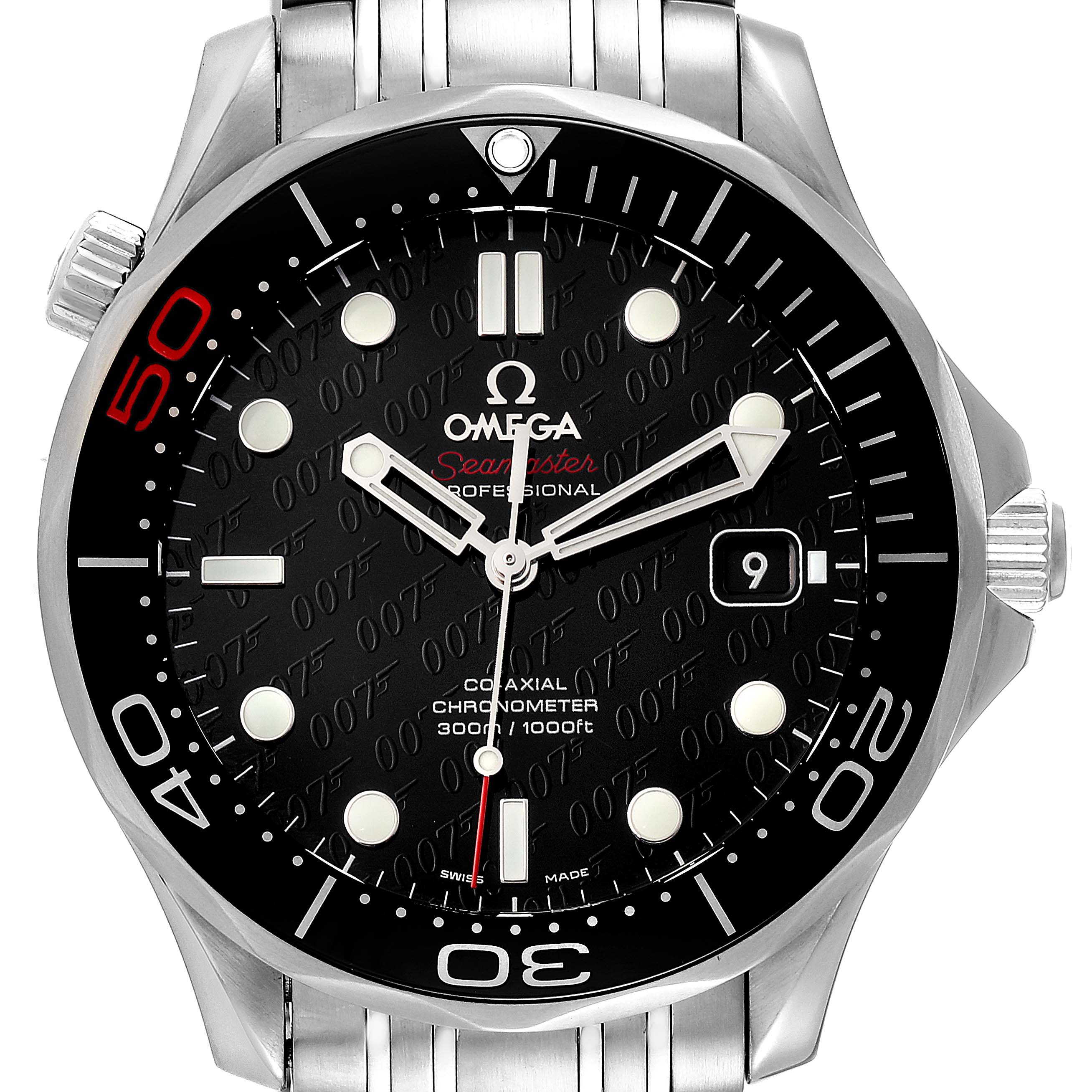 The image shows a frontal view of the Omega Seamaster 212.30.41.20.01.005 Men's Stainless Steel Black Dial 212.30.41.20.01.005 Men's Stainless Steel Black Dial watch, featuring its dial, bezel, and part of the bracelet.
