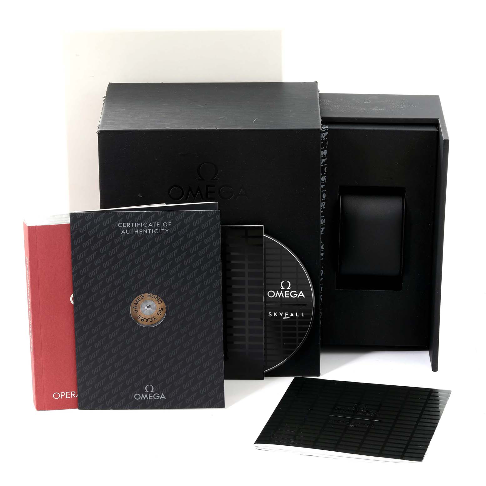 This image shows the packaging and accessories for the Omega Seamaster 212.30.41.20.01.005 Men's Stainless Steel Black Dial 212.30.41.20.01.005 Men's Stainless Steel Black Dial model, including manuals, authenticity certificate, and a box.