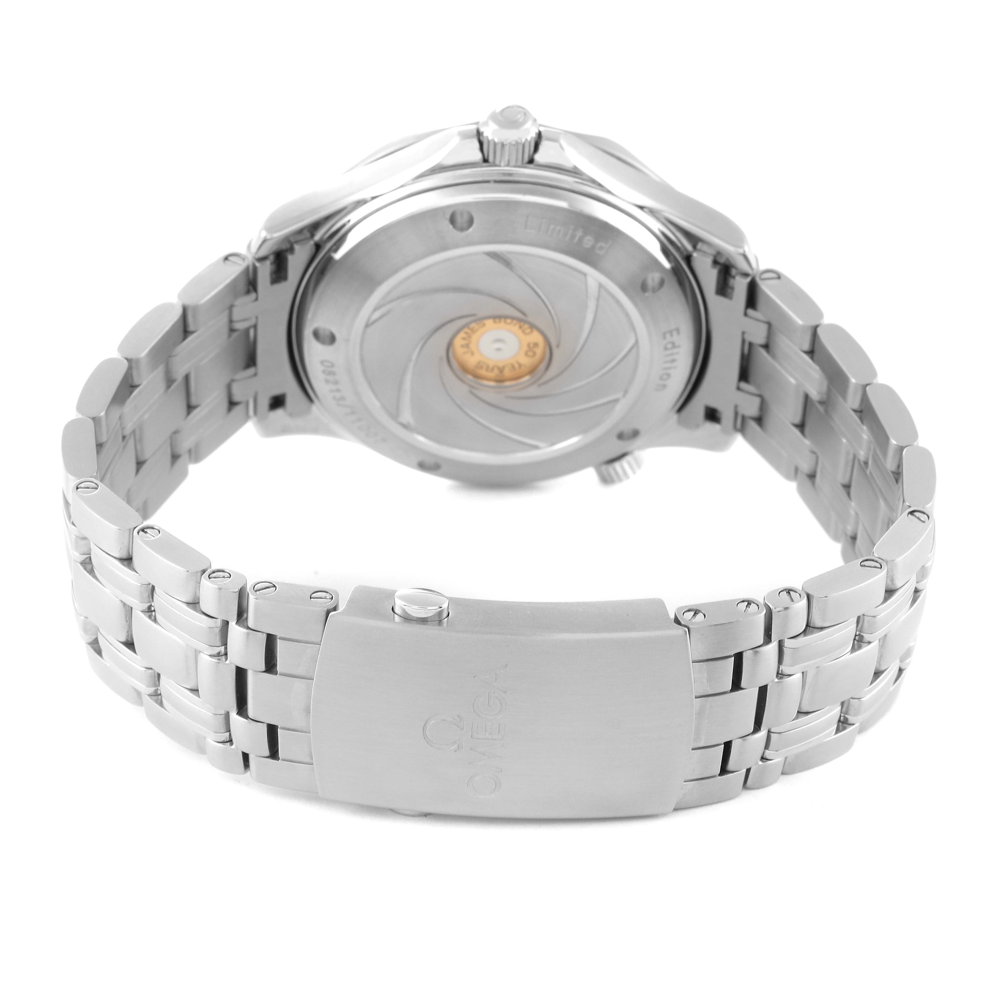 This image shows the case back and bracelet of an Omega Seamaster 212.30.41.20.01.005 Men's Stainless Steel Black Dial 212.30.41.20.01.005 Men's Stainless Steel Black Dial watch, viewed from behind.