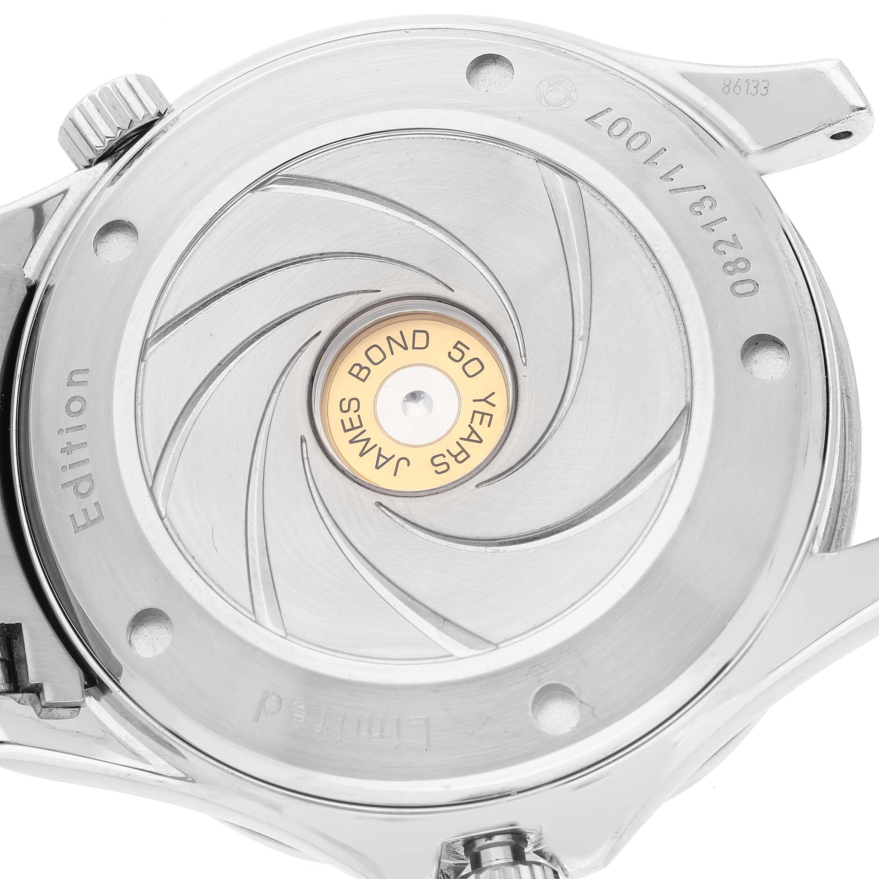 The image shows the back of an Omega Seamaster 212.30.41.20.01.005 Men's Stainless Steel Black Dial 212.30.41.20.01.005 Men's Stainless Steel Black Dial watch, highlighting the "James Bond 50 Years" engraving.