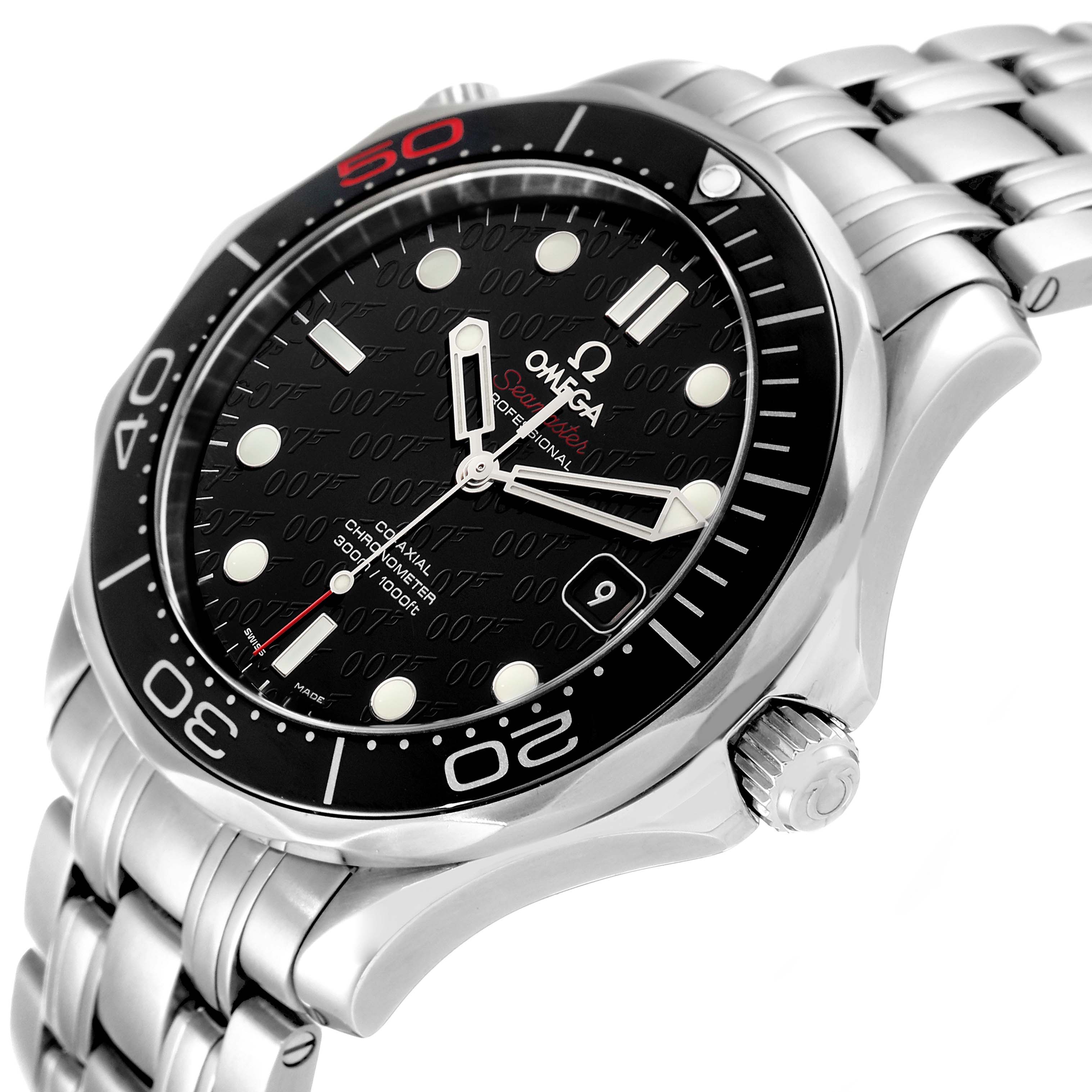 The image shows the front and side of the Omega Seamaster 212.30.41.20.01.005 Men's Stainless Steel Black Dial 212.30.41.20.01.005 Men's Stainless Steel Black Dial watch, highlighting the dial, bezel, and bracelet.