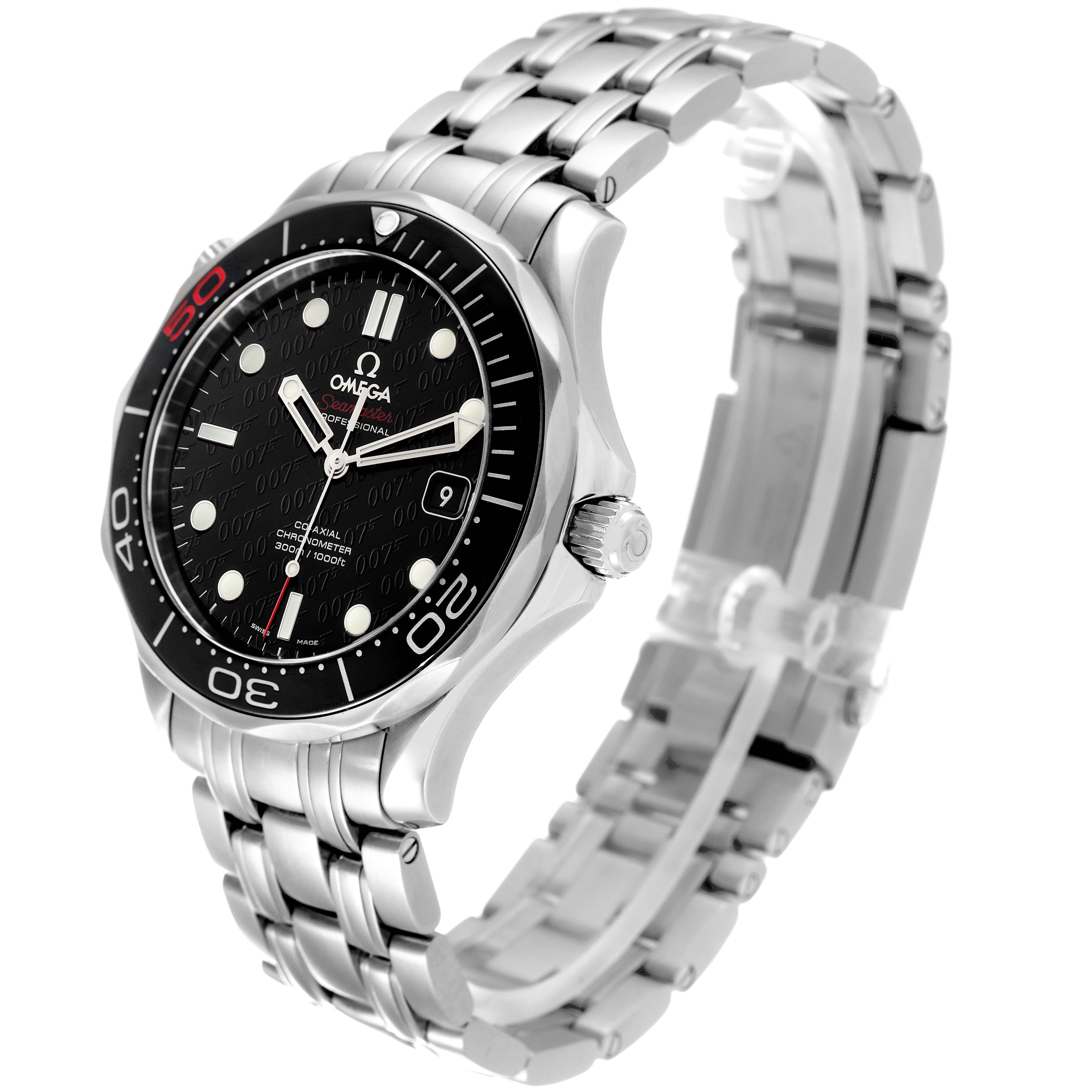 The image shows a side angle of the Omega Seamaster 212.30.41.20.01.005 Men's Stainless Steel Black Dial 212.30.41.20.01.005 Men's Stainless Steel Black Dial watch, highlighting the face, bezel, crown, and stainless steel bracelet.