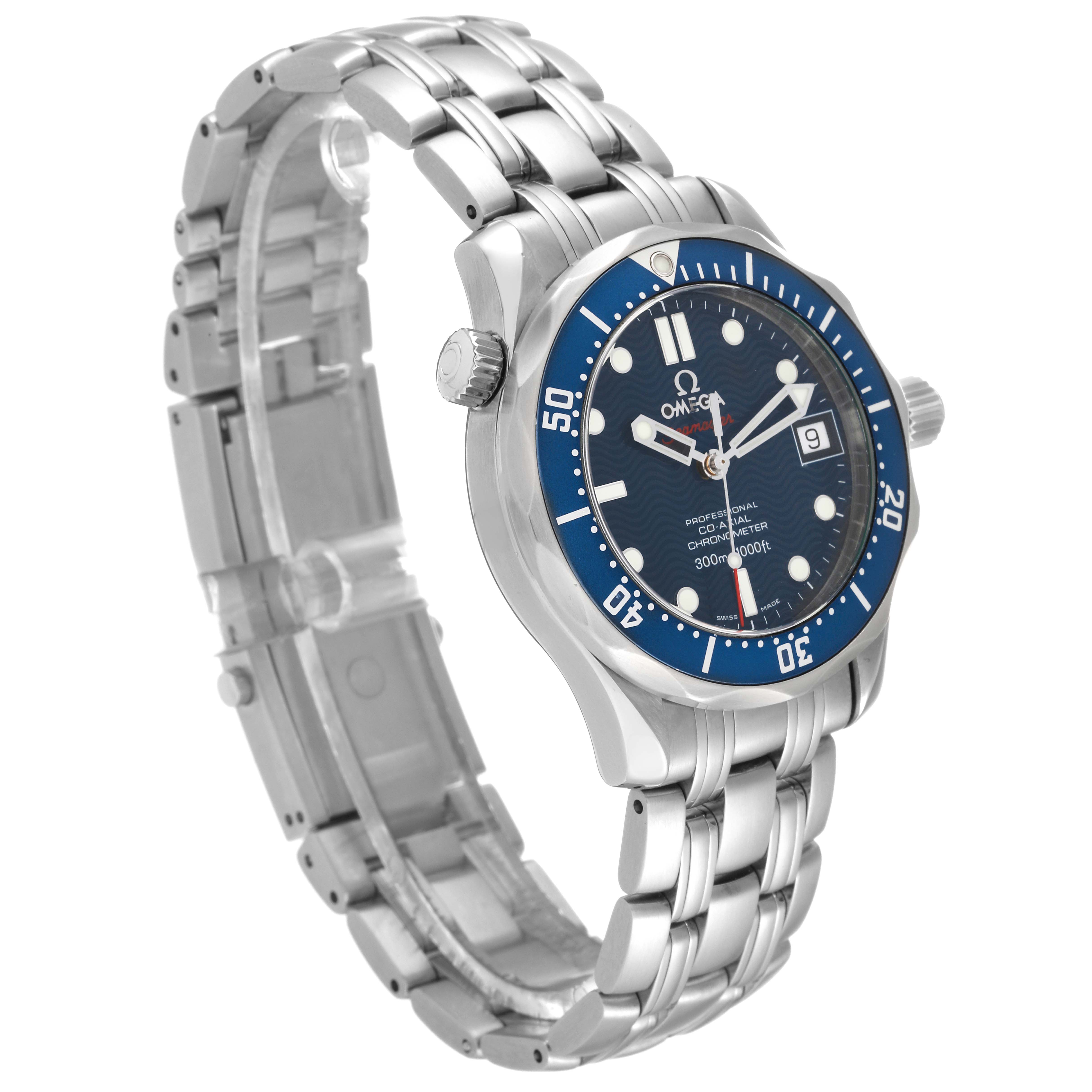 The image displays an Omega Seamaster 2222.80.00 Men
s Stainless Steel Blue Dial 2222.80.00 Men
s Stainless Steel Blue Dial watch at an angled front view, highlighting its face, bezel, and stainless steel bracelet.
