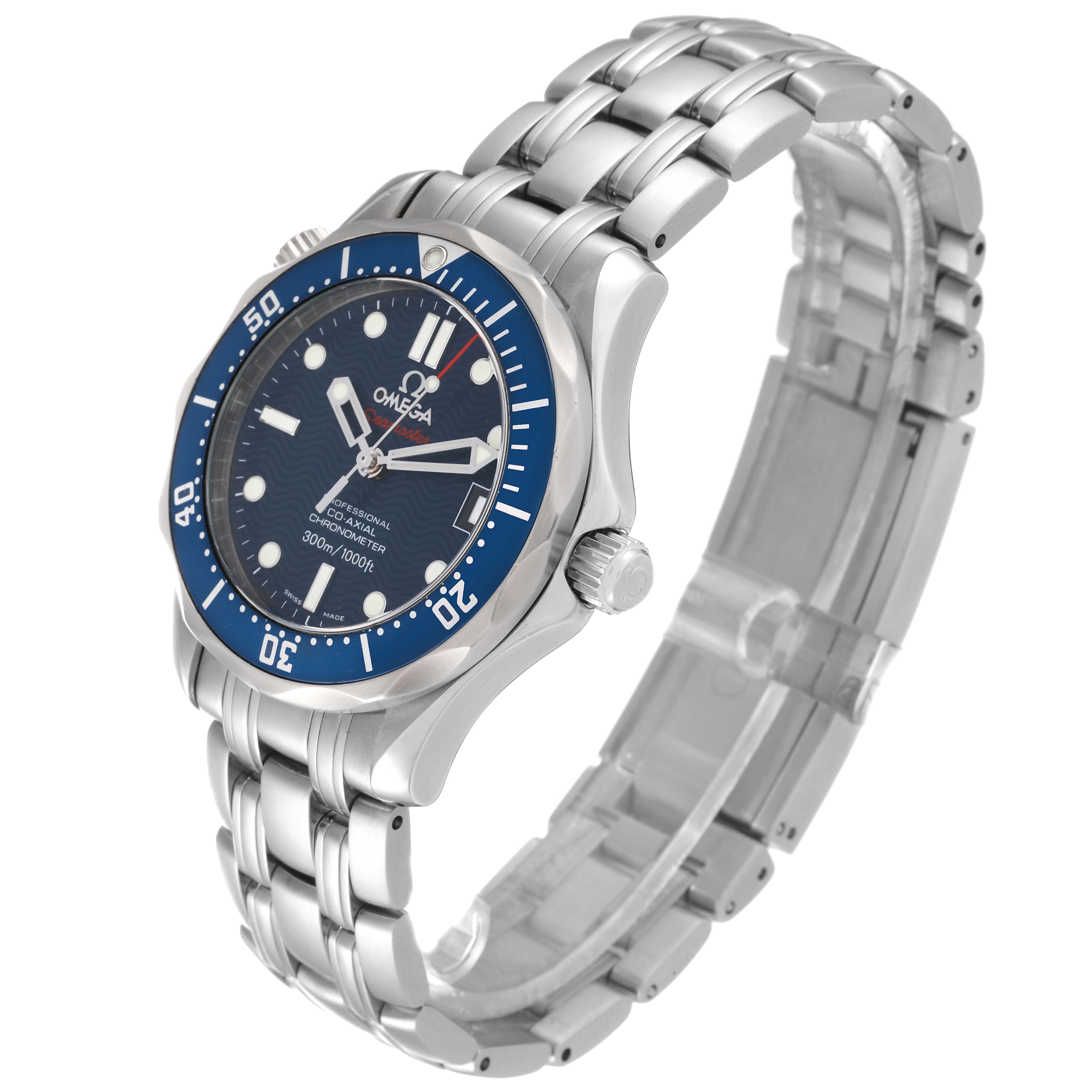 The Omega Seamaster 2222.80.00 Men
s Stainless Steel Blue Dial 2222.80.00 Men
s Stainless Steel Blue Dial watch is shown at a slight angle, highlighting the bezel, dial, bracelet, and crown.