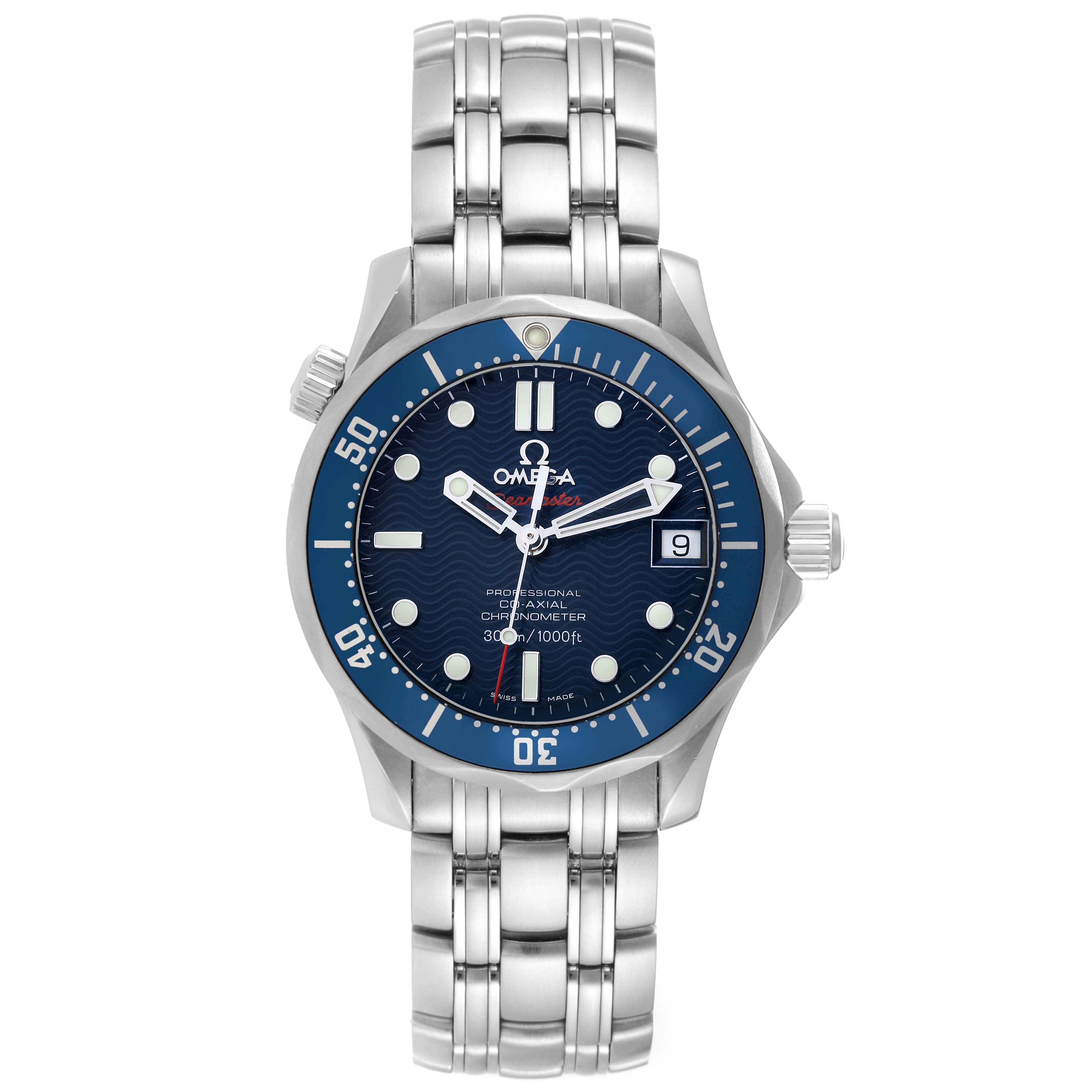 The image shows a front view of the Omega Seamaster 2222.80.00 Men
s Stainless Steel Blue Dial 2222.80.00 Men
s Stainless Steel Blue Dial watch, displaying the dial, bezel, crown, and metal bracelet.