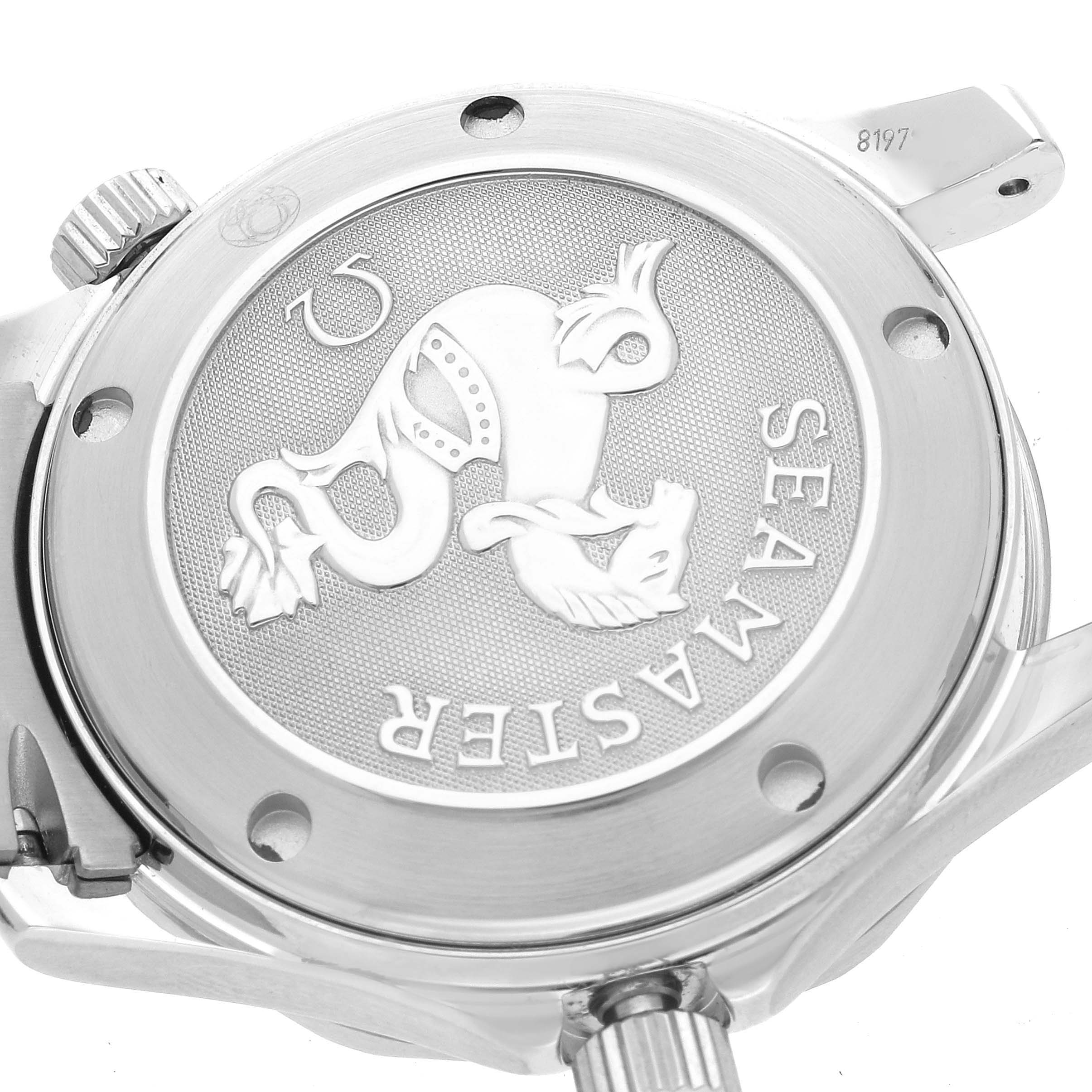 The image shows the case back and crown of an Omega Seamaster 2222.80.00 Men
s Stainless Steel Blue Dial 2222.80.00 Men
s Stainless Steel Blue Dial watch with the engraving on the case back clearly visible.