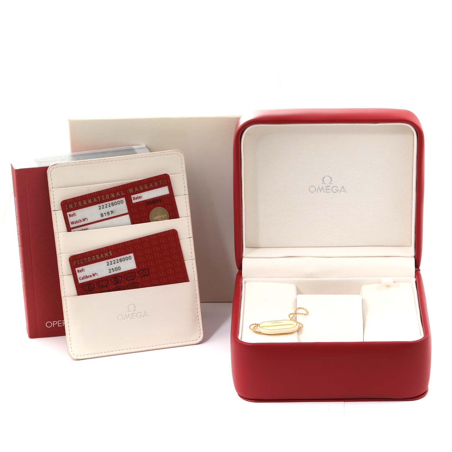 The image displays the open box for an Omega Seamaster 2222.80.00 Men
s Stainless Steel Blue Dial 2222.80.00 Men
s Stainless Steel Blue Dial watch along with the international warranty cards.