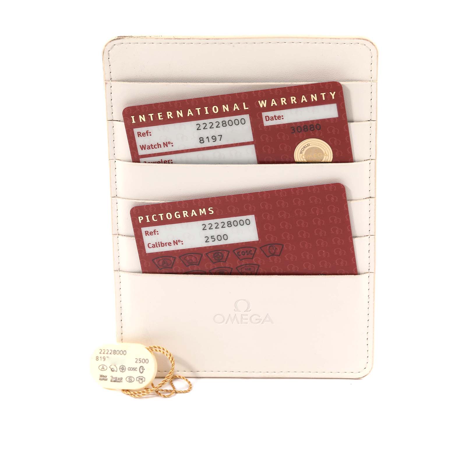 This image shows the warranty cards for the Omega Seamaster 2222.80.00 Men
s Stainless Steel Blue Dial 2222.80.00 Men
s Stainless Steel Blue Dial watch model, displayed in a white cardholder.